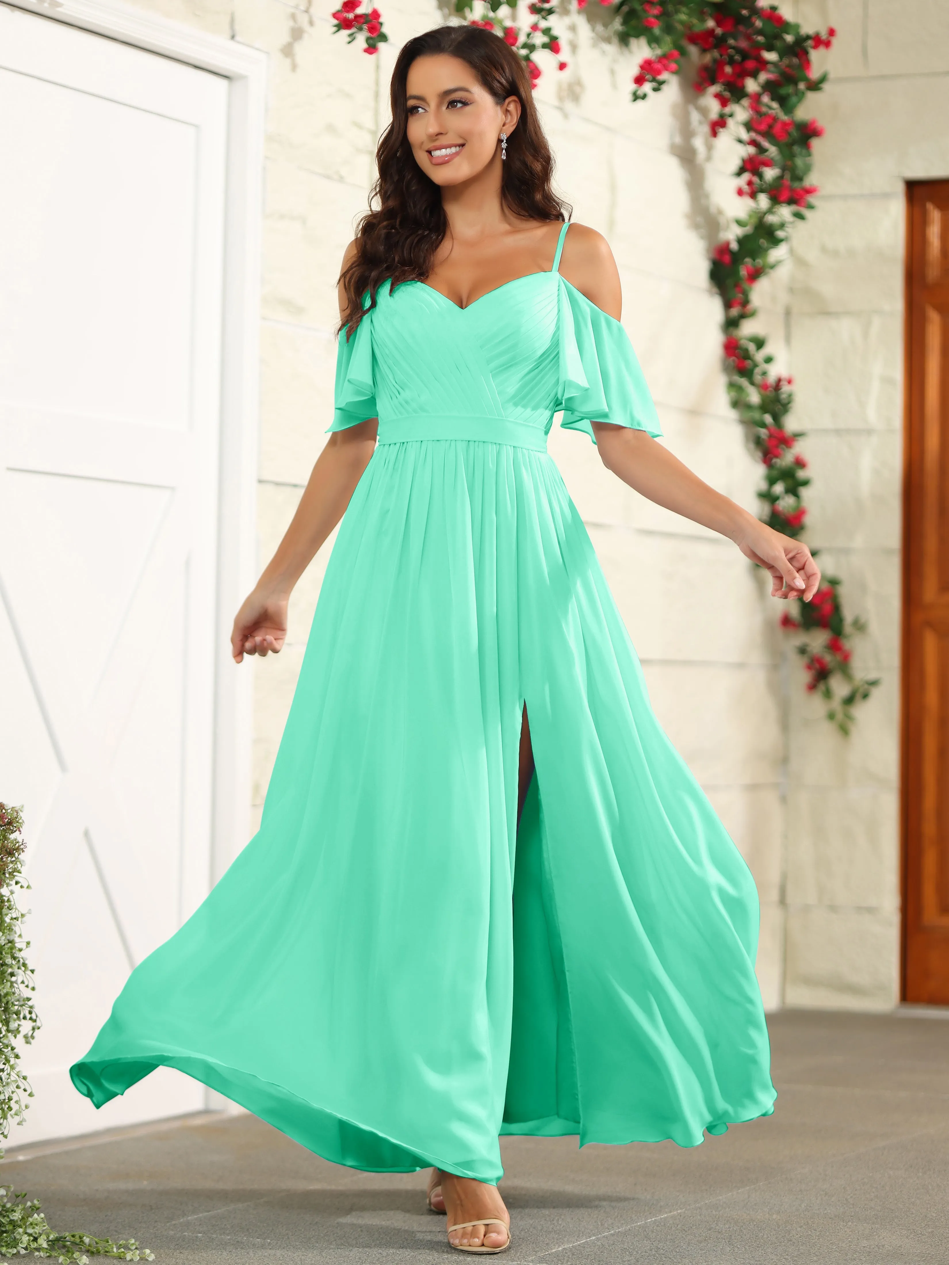 A Line Off The Shoulder Chiffon Long Bridesmaid Dress with Slit