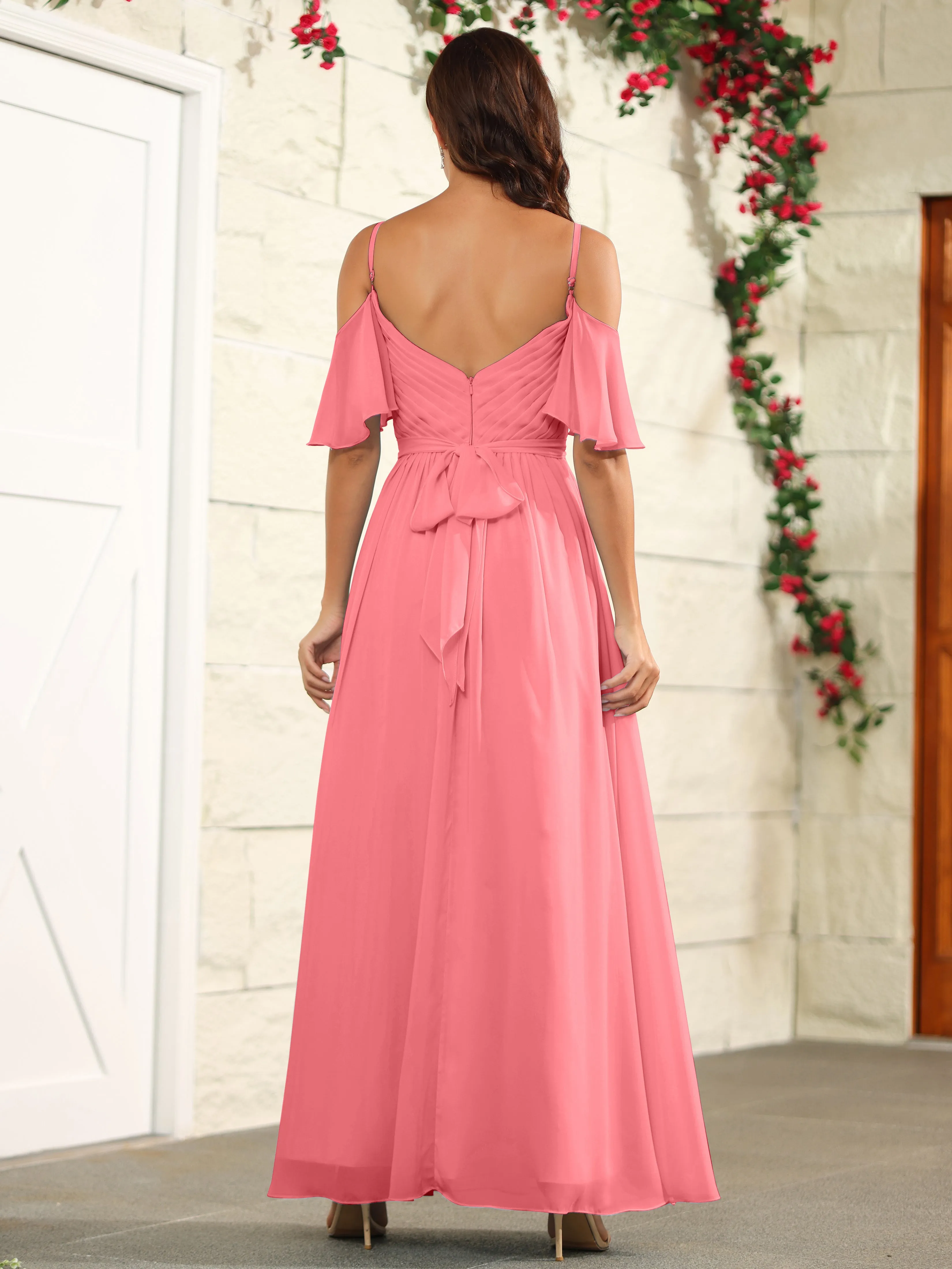 A Line Off The Shoulder Chiffon Long Bridesmaid Dress with Slit