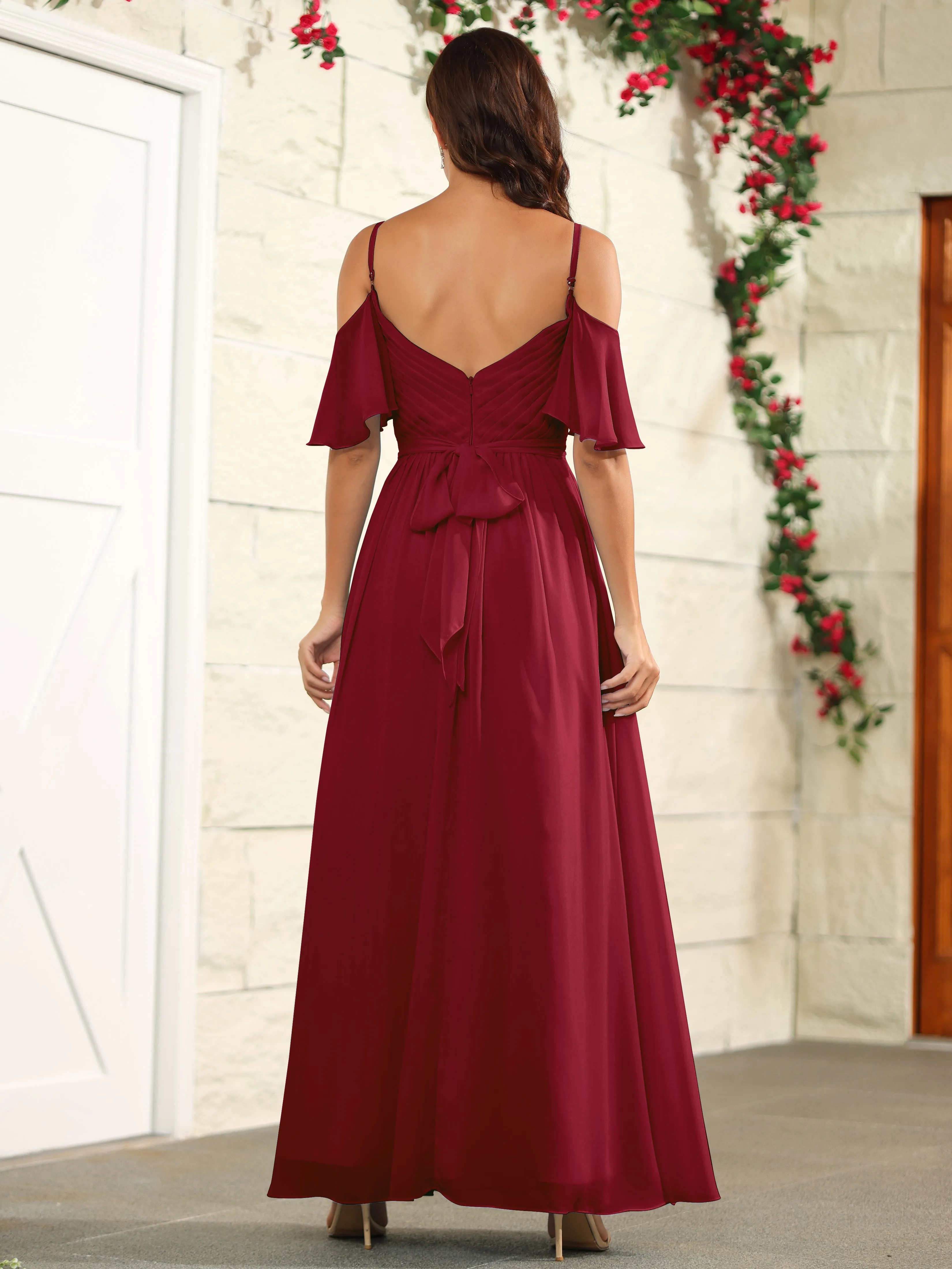 A Line Off The Shoulder Chiffon Long Bridesmaid Dress with Slit