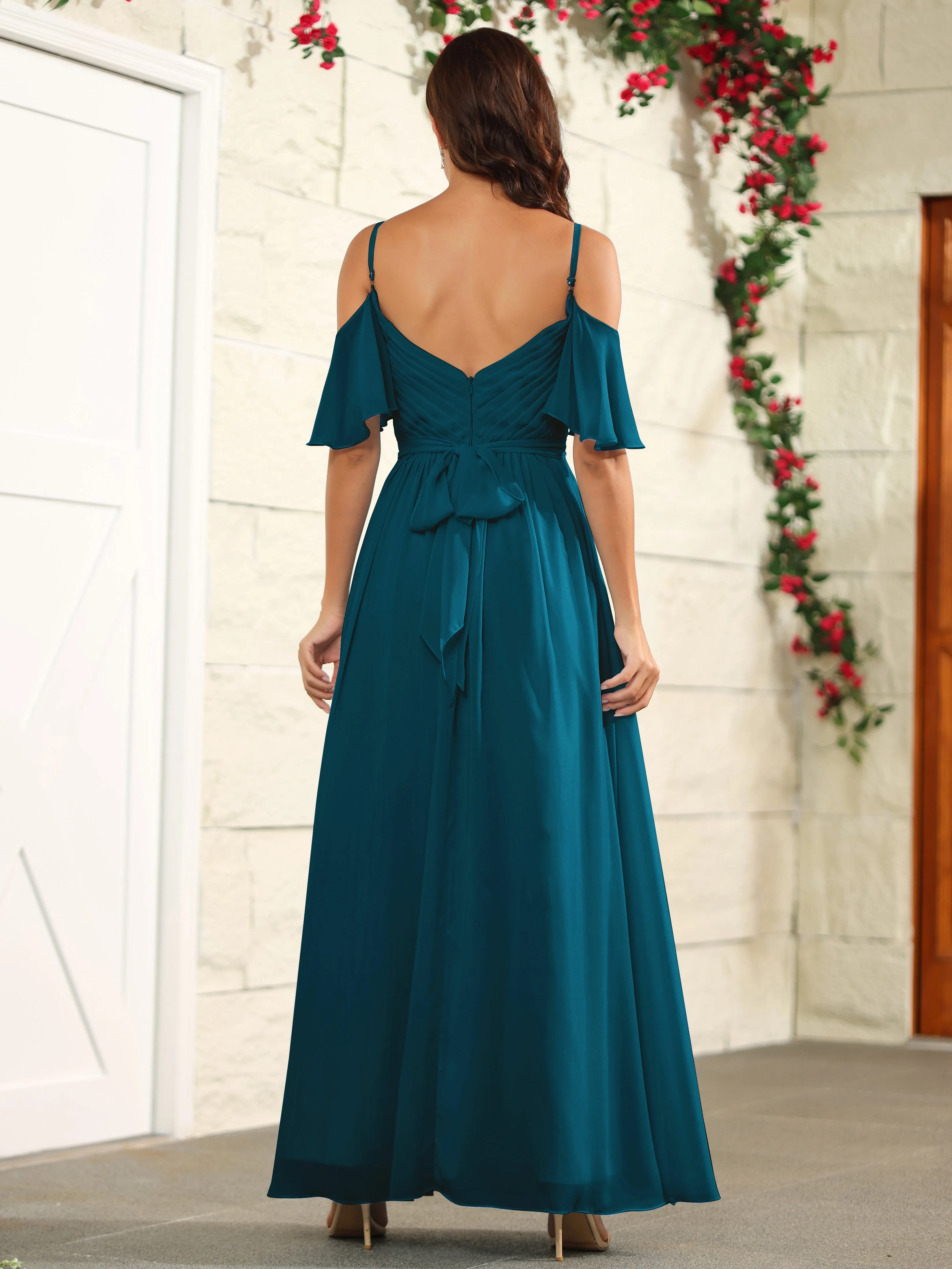 A Line Off The Shoulder Chiffon Long Bridesmaid Dress with Slit