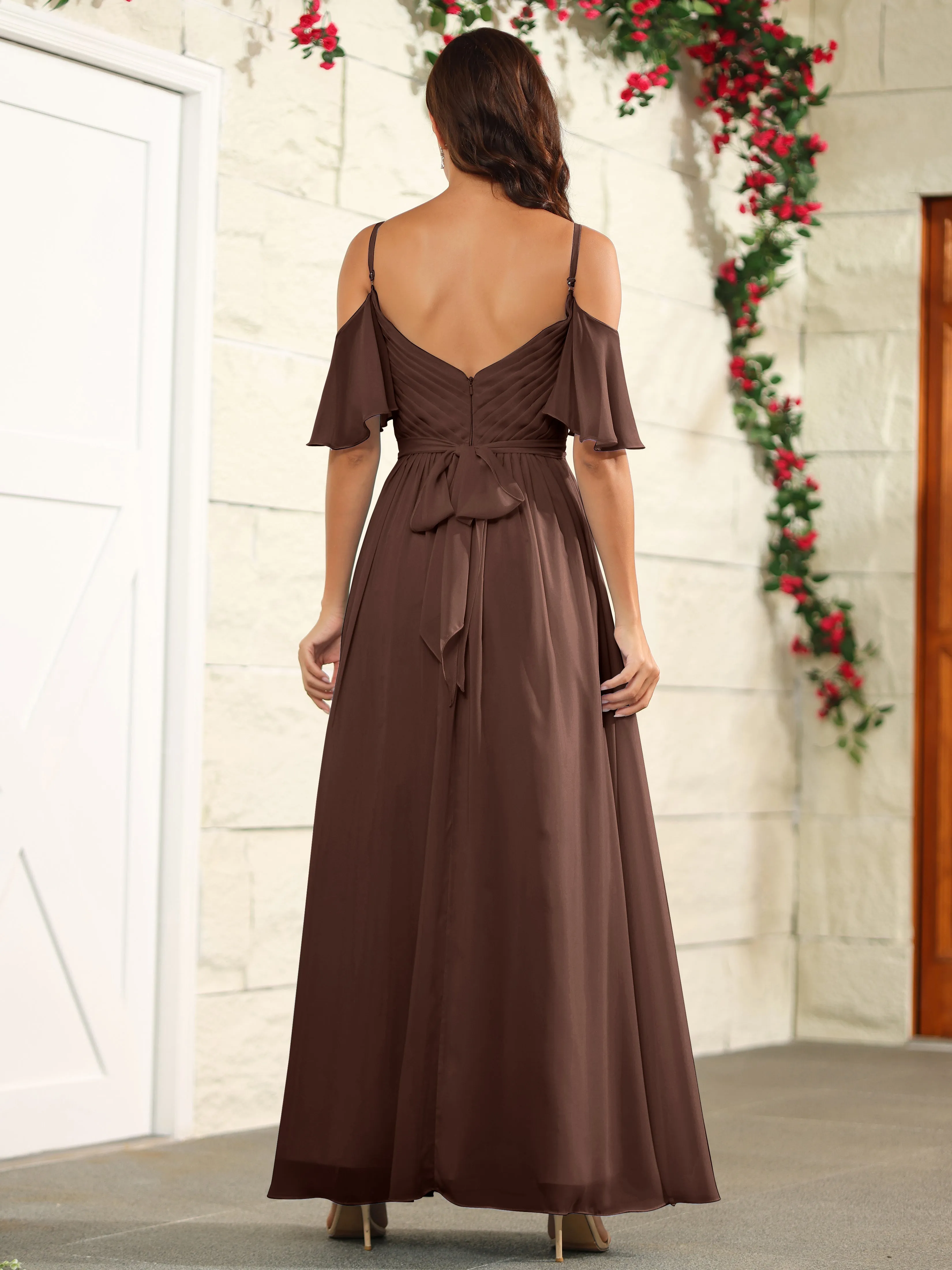 A Line Off The Shoulder Chiffon Long Bridesmaid Dress with Slit