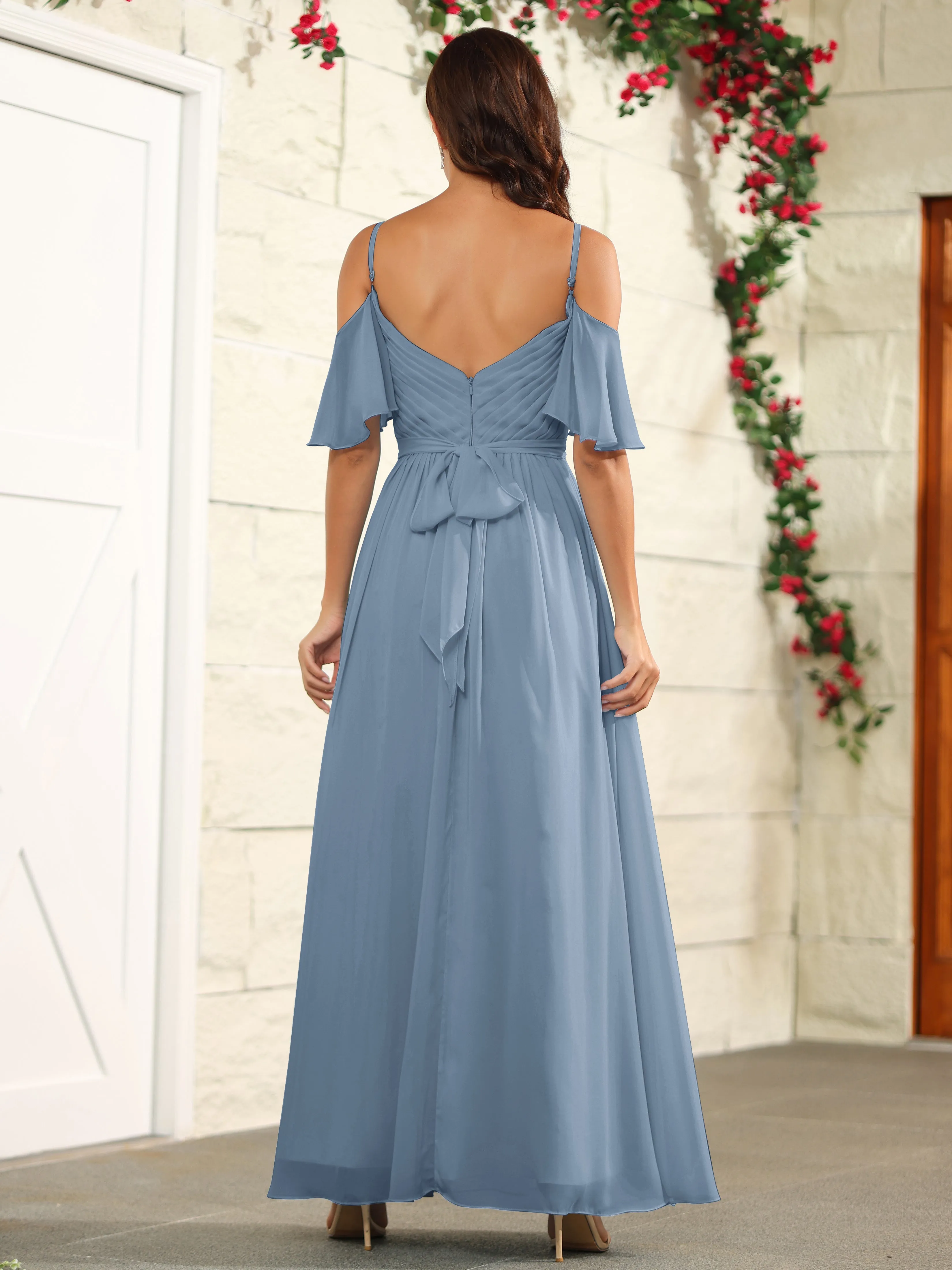A Line Off The Shoulder Chiffon Long Bridesmaid Dress with Slit