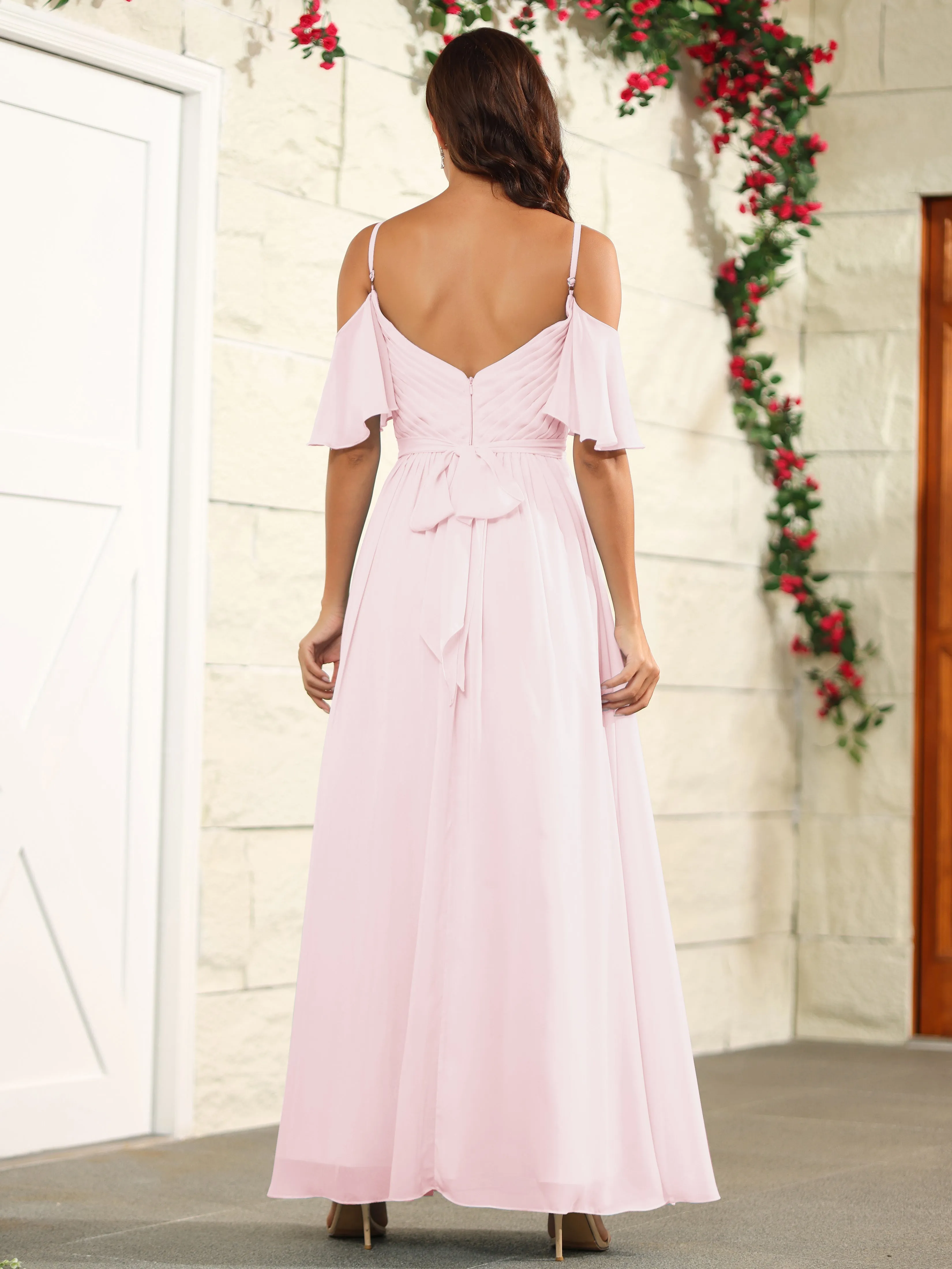 A Line Off The Shoulder Chiffon Long Bridesmaid Dress with Slit