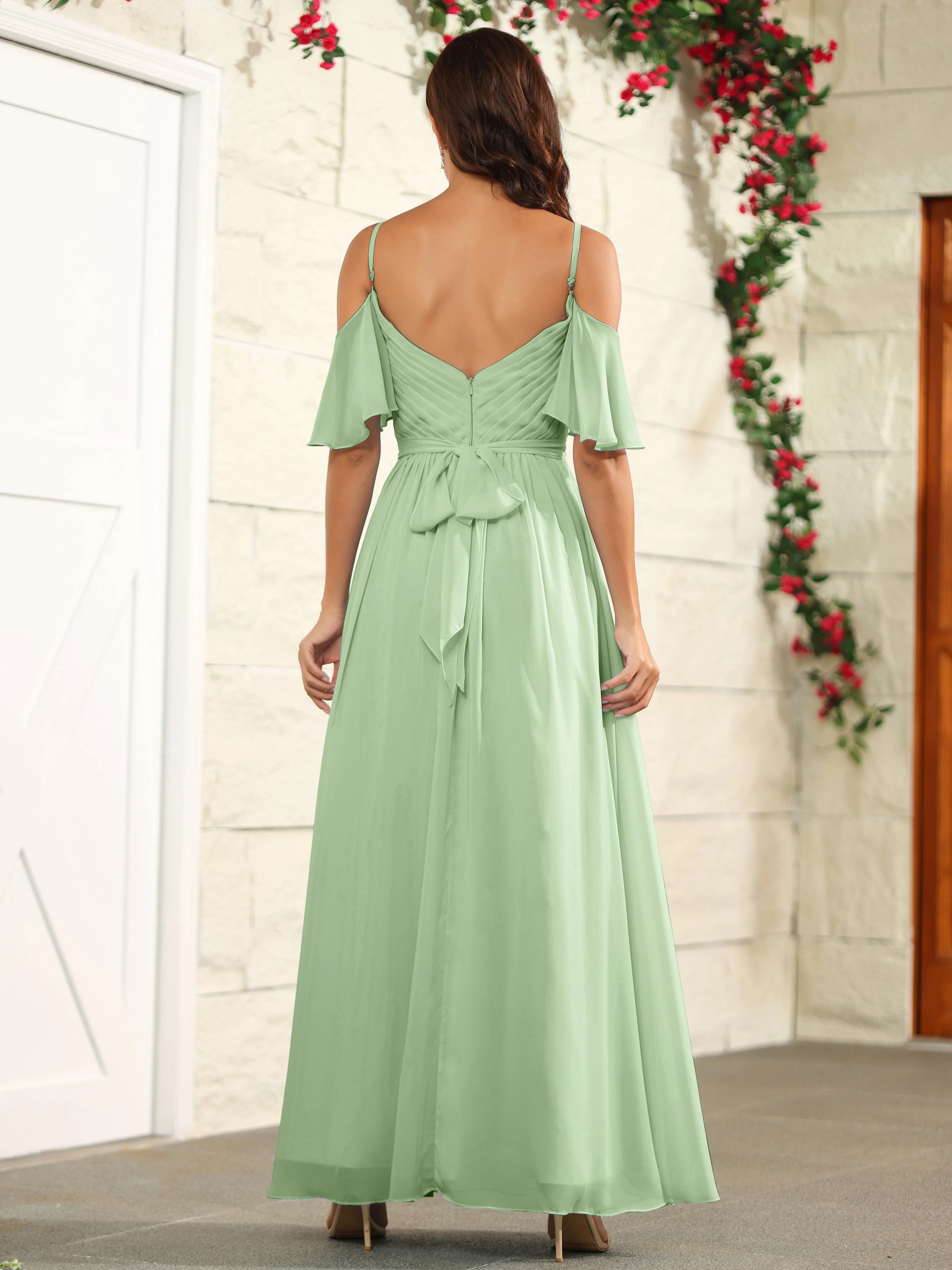 A Line Off The Shoulder Chiffon Long Bridesmaid Dress with Slit