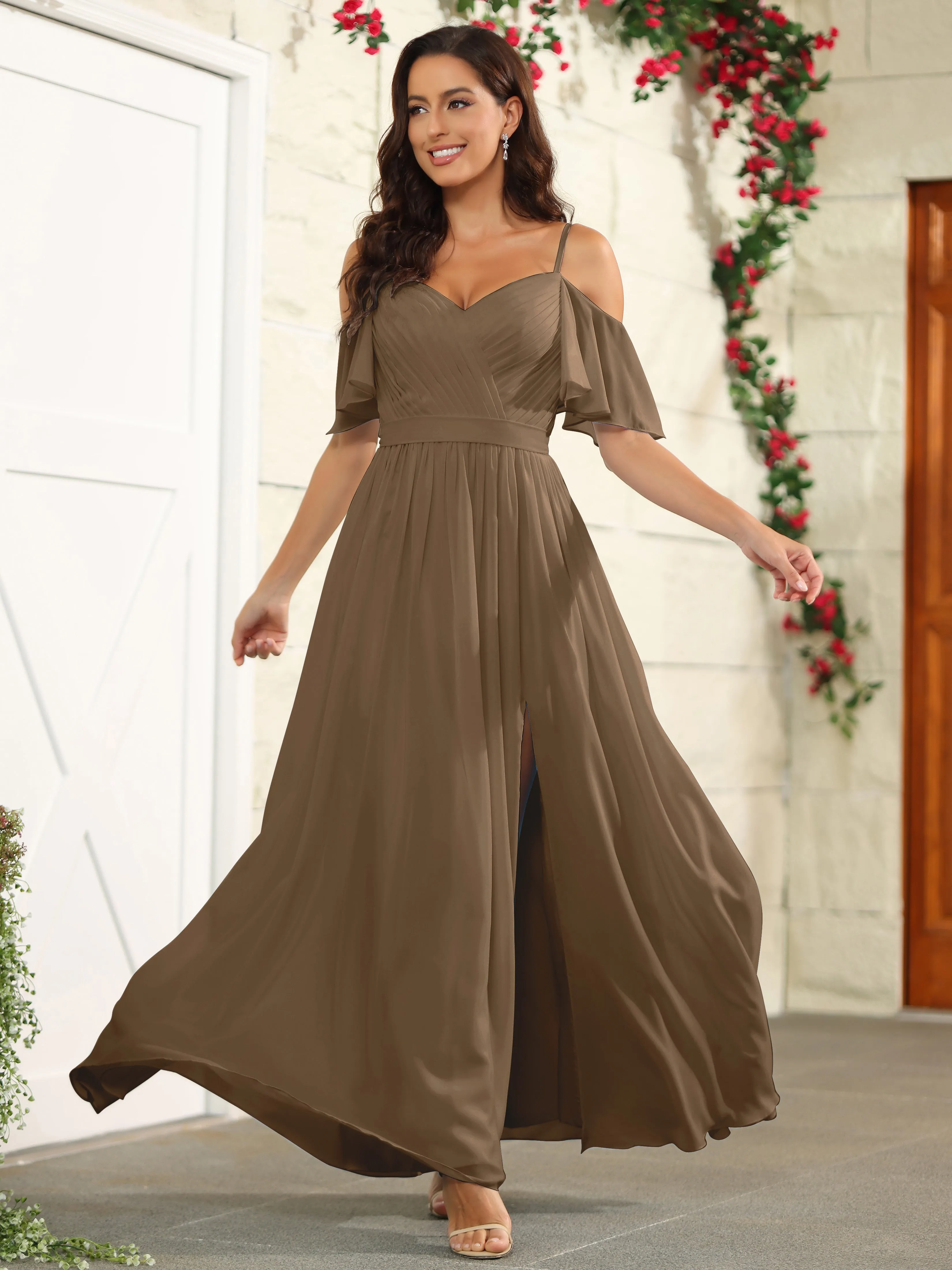 A Line Off The Shoulder Chiffon Long Bridesmaid Dress with Slit