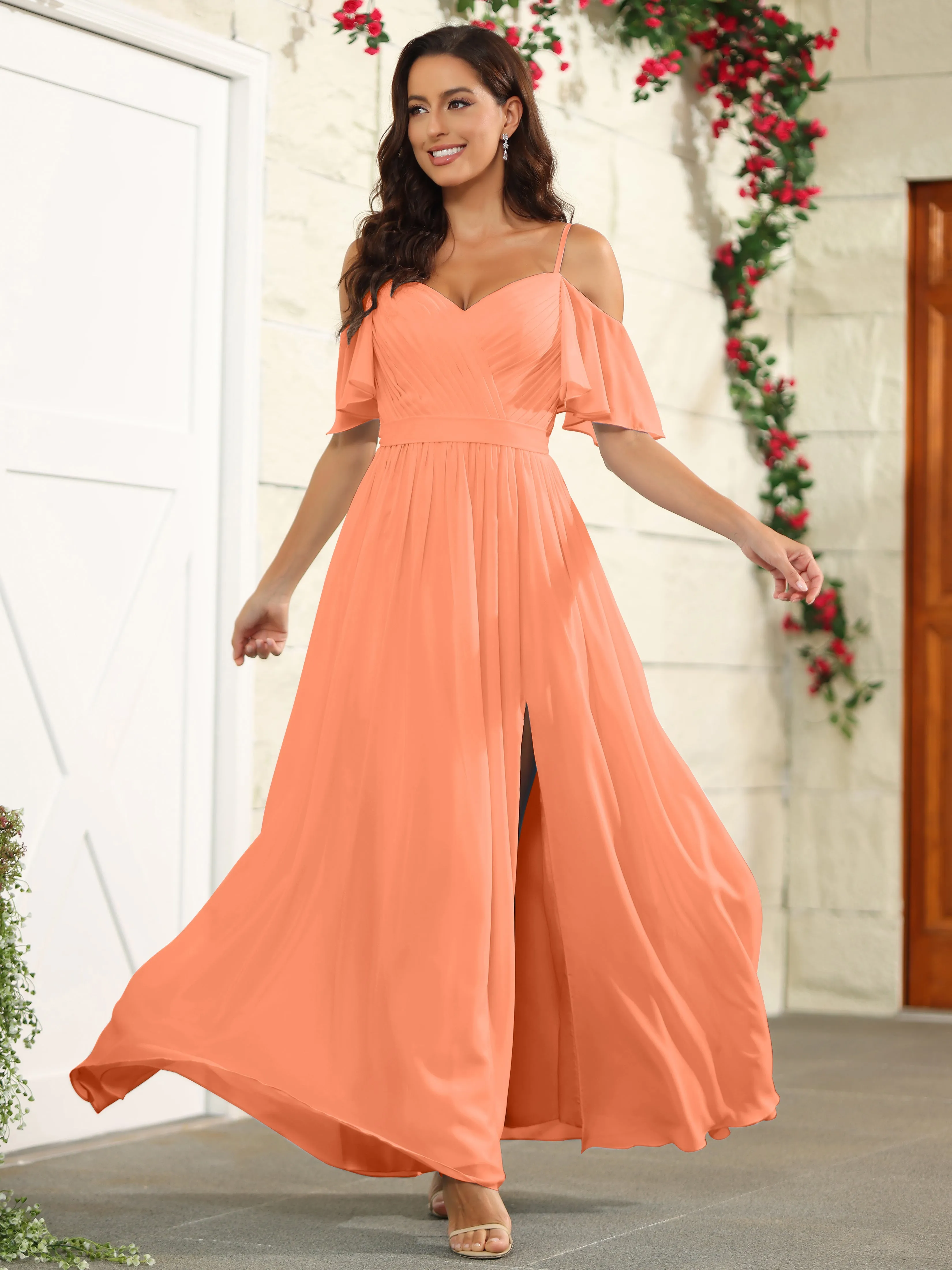 A Line Off The Shoulder Chiffon Long Bridesmaid Dress with Slit