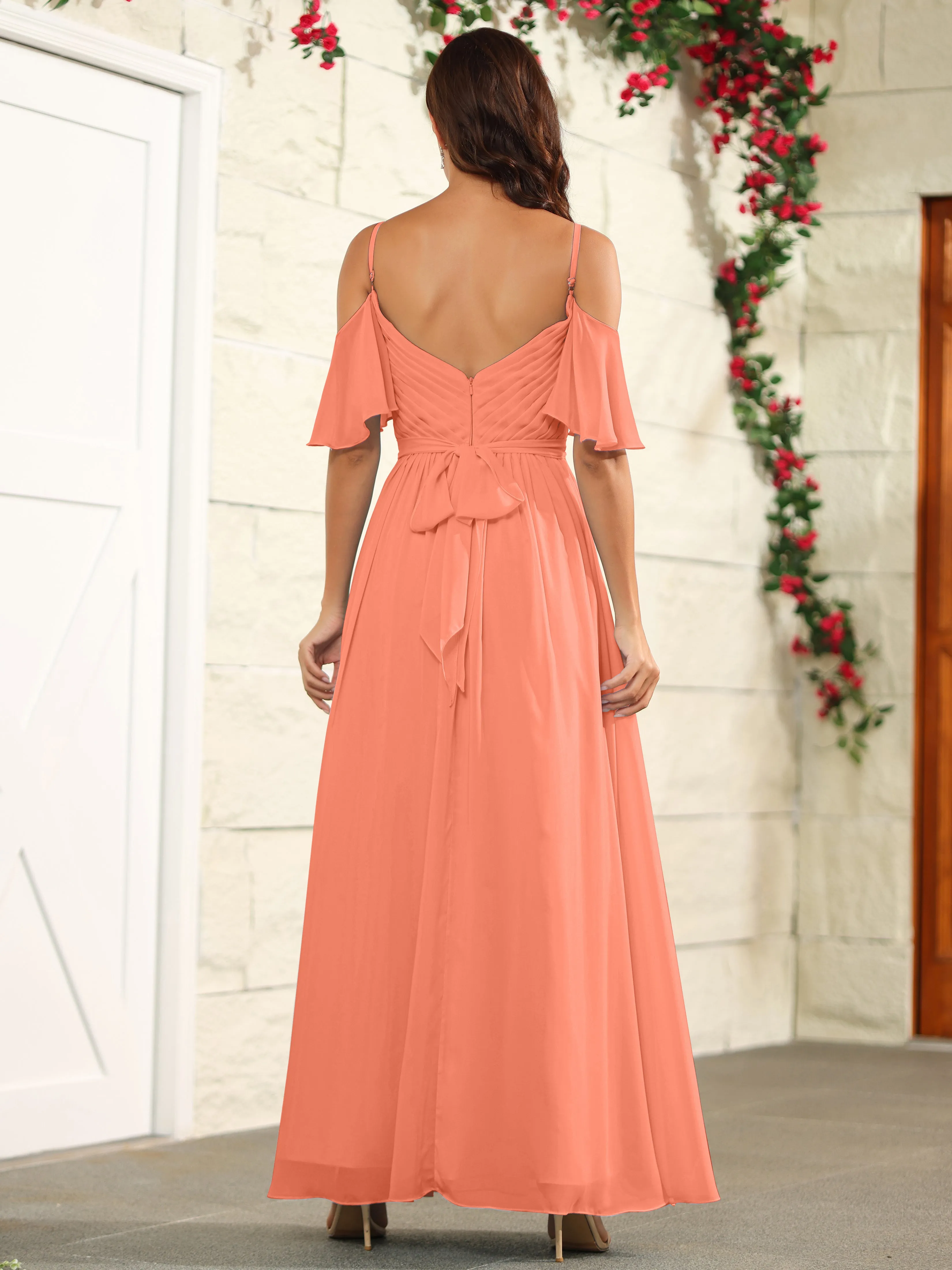 A Line Off The Shoulder Chiffon Long Bridesmaid Dress with Slit