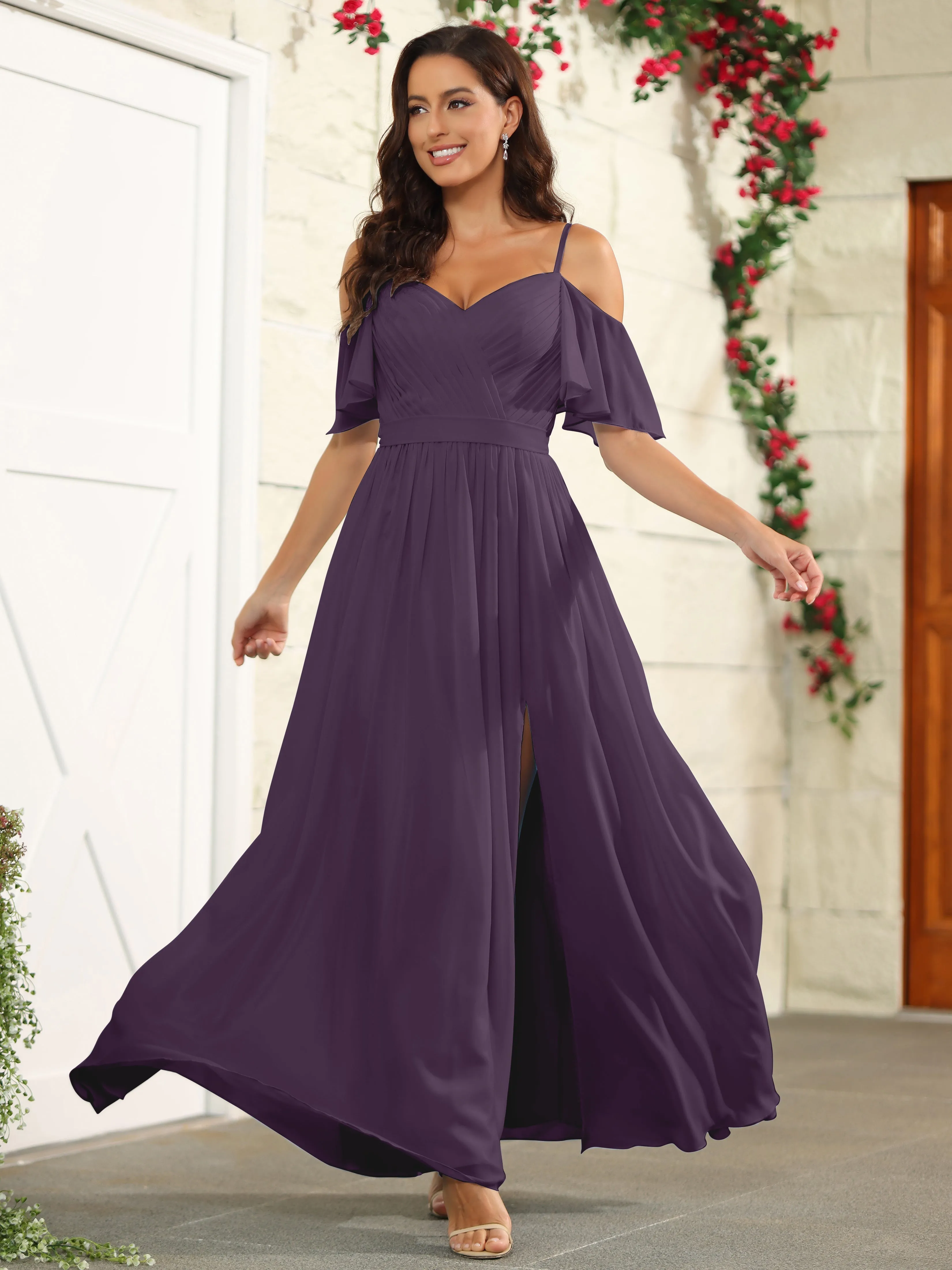 A Line Off The Shoulder Chiffon Long Bridesmaid Dress with Slit