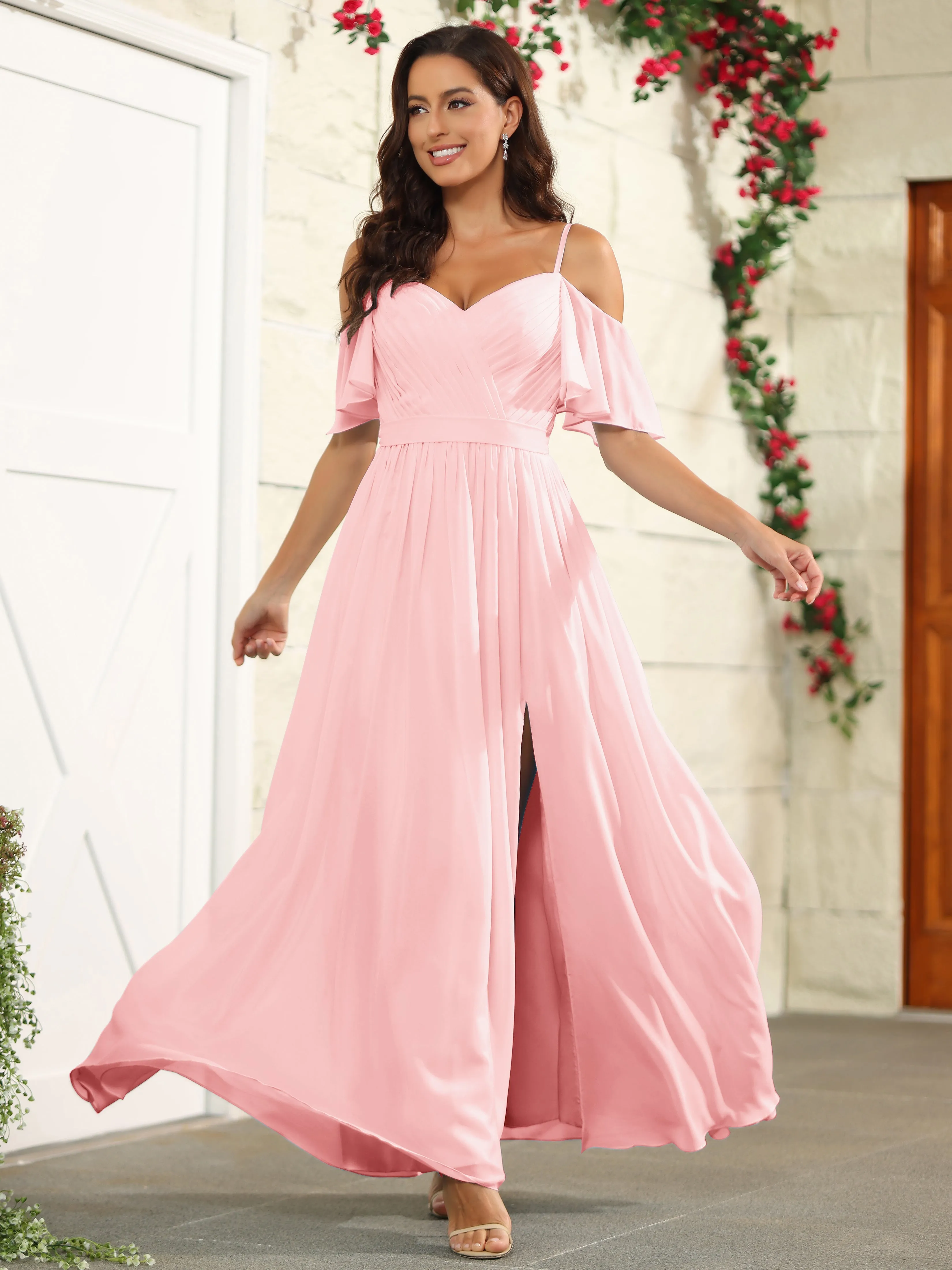 A Line Off The Shoulder Chiffon Long Bridesmaid Dress with Slit