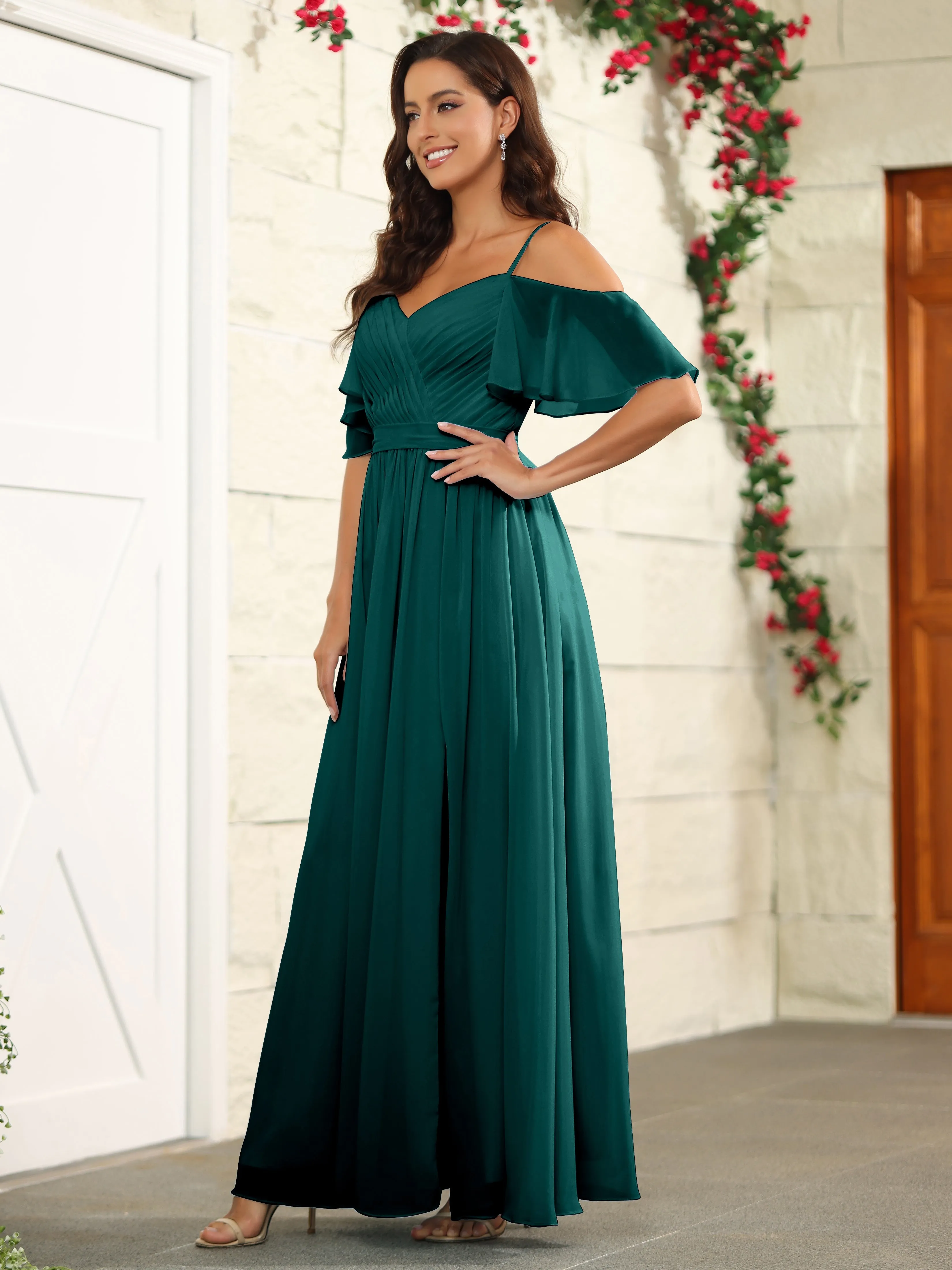 A Line Off The Shoulder Chiffon Long Bridesmaid Dress with Slit