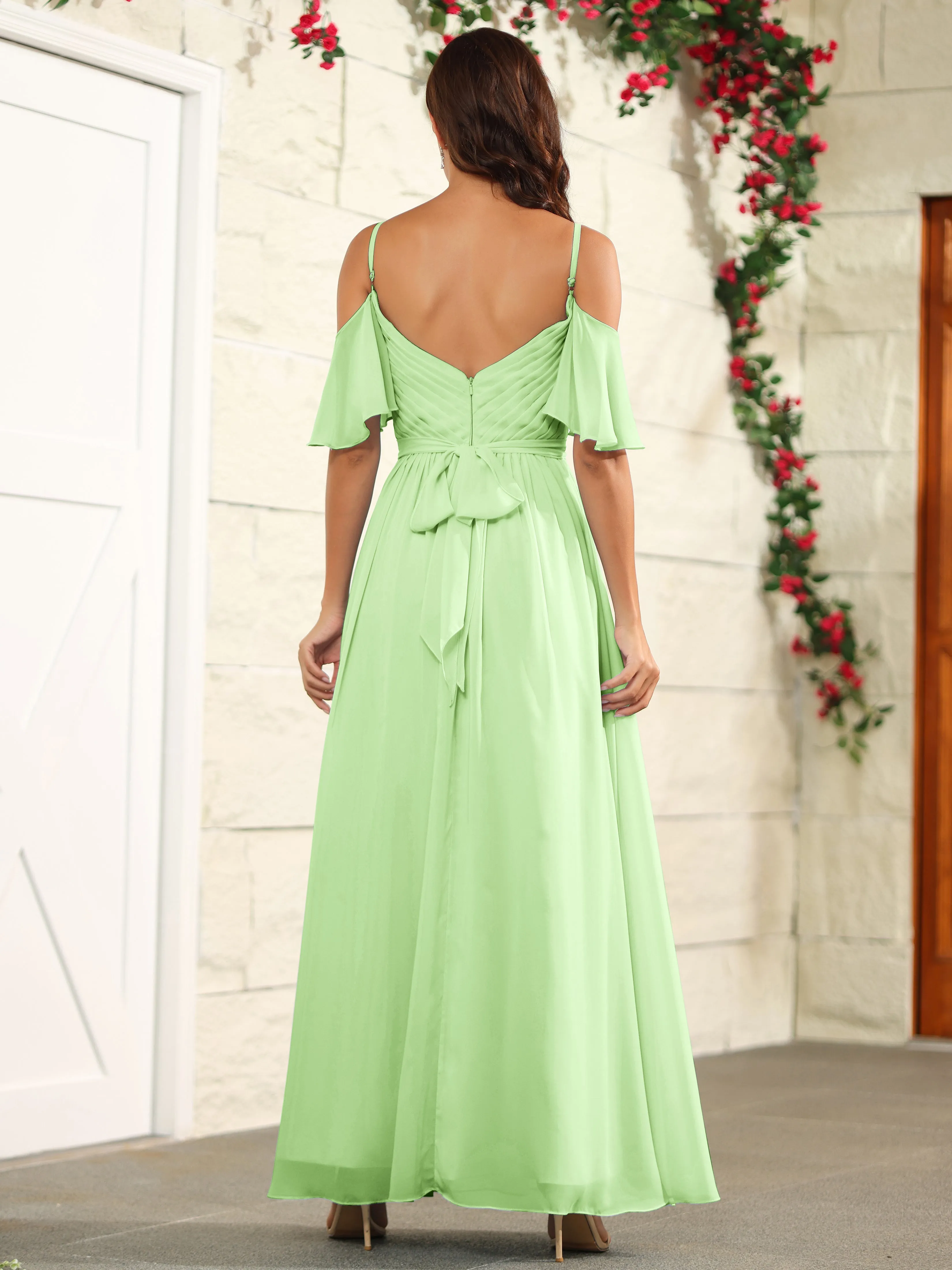 A Line Off The Shoulder Chiffon Long Bridesmaid Dress with Slit