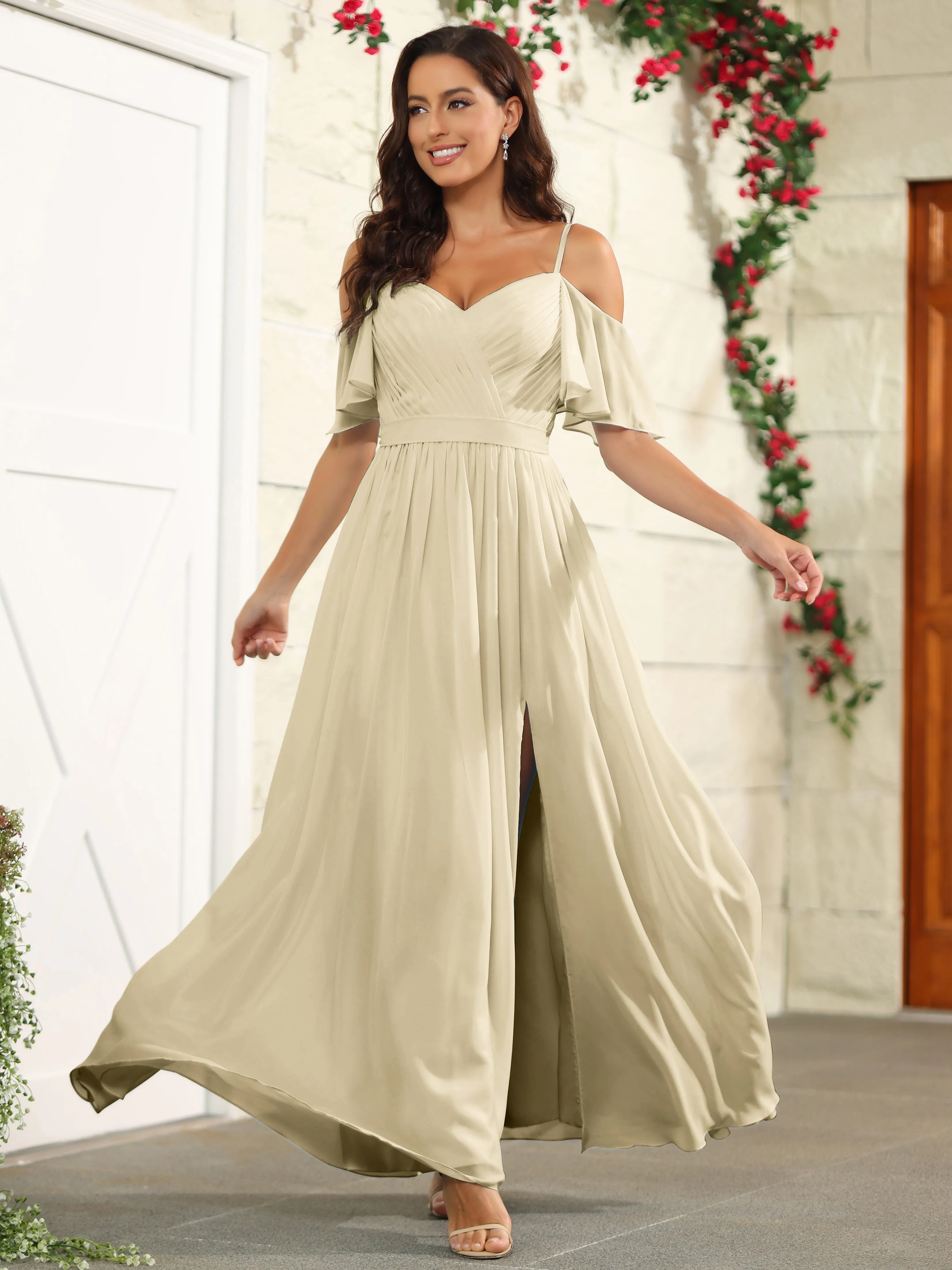 A Line Off The Shoulder Chiffon Long Bridesmaid Dress with Slit