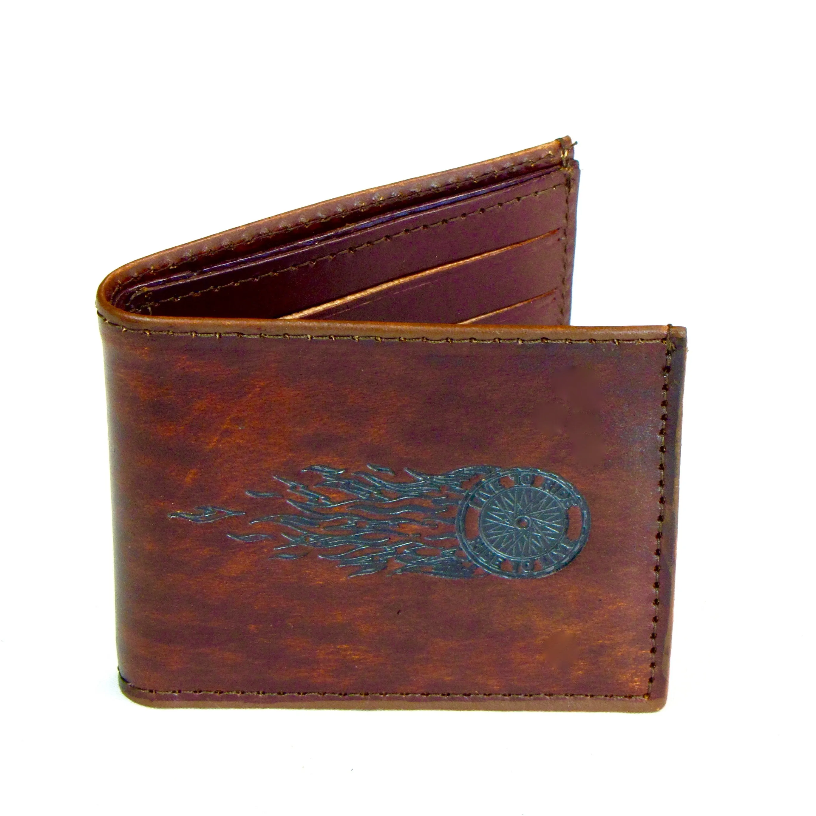 AB330-250  Antique Finish Slim Billfold- Flaming Wheel