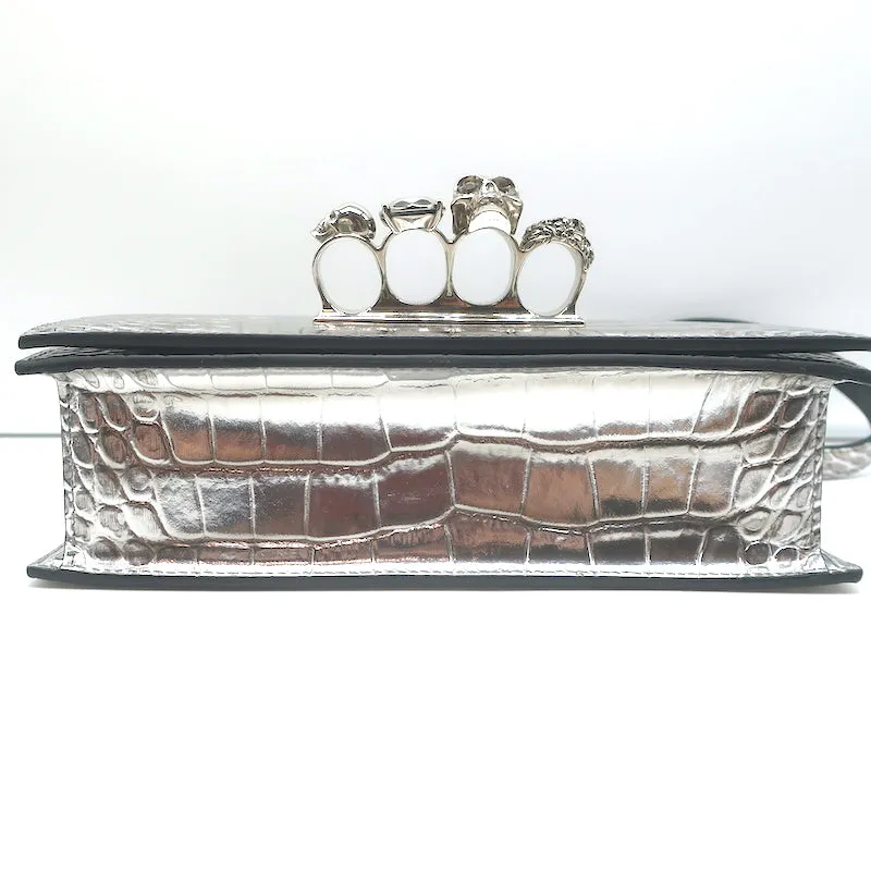Alexander McQueen Jewelled Knuckle Shoulder Bag Silver Croc-Embossed Leather