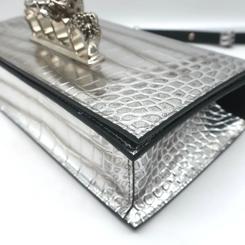 Alexander McQueen Jewelled Knuckle Shoulder Bag Silver Croc-Embossed Leather