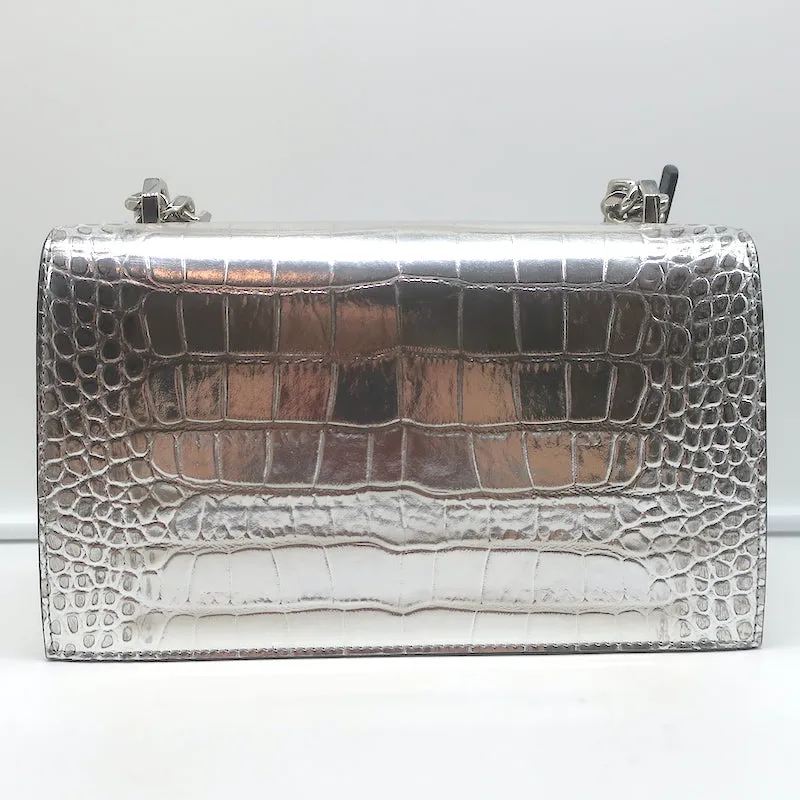 Alexander McQueen Jewelled Knuckle Shoulder Bag Silver Croc-Embossed Leather