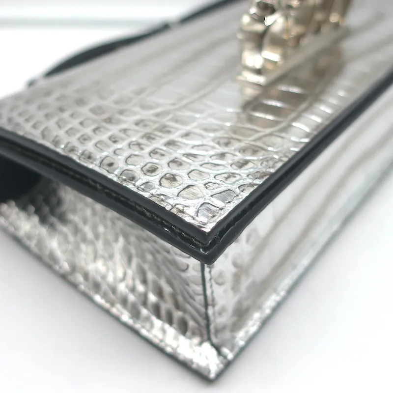 Alexander McQueen Jewelled Knuckle Shoulder Bag Silver Croc-Embossed Leather