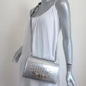Alexander McQueen Jewelled Knuckle Shoulder Bag Silver Croc-Embossed Leather