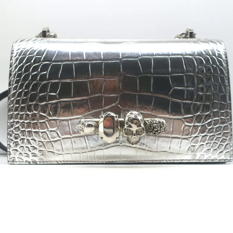 Alexander McQueen Jewelled Knuckle Shoulder Bag Silver Croc-Embossed Leather