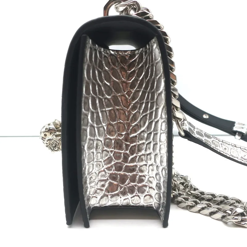 Alexander McQueen Jewelled Knuckle Shoulder Bag Silver Croc-Embossed Leather