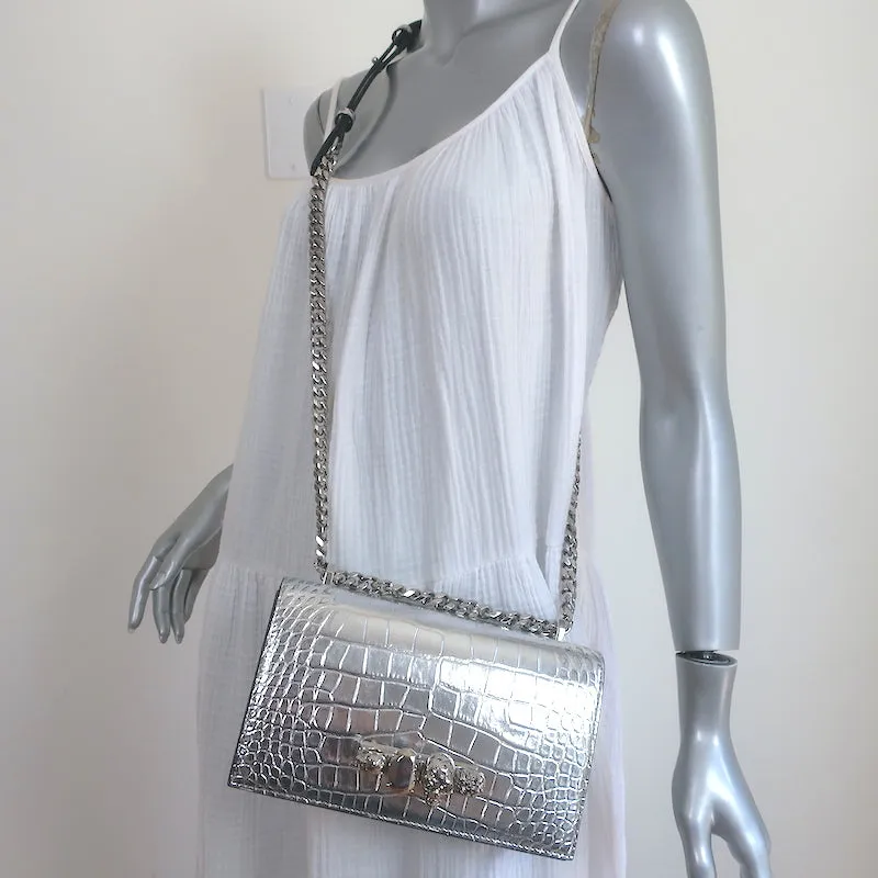 Alexander McQueen Jewelled Knuckle Shoulder Bag Silver Croc-Embossed Leather
