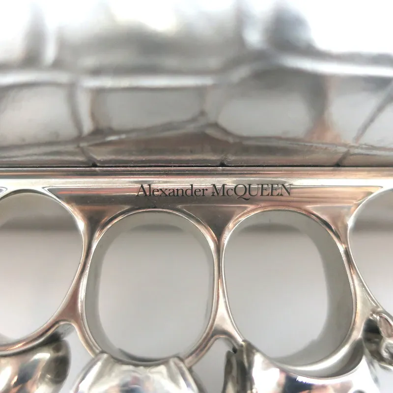 Alexander McQueen Jewelled Knuckle Shoulder Bag Silver Croc-Embossed Leather