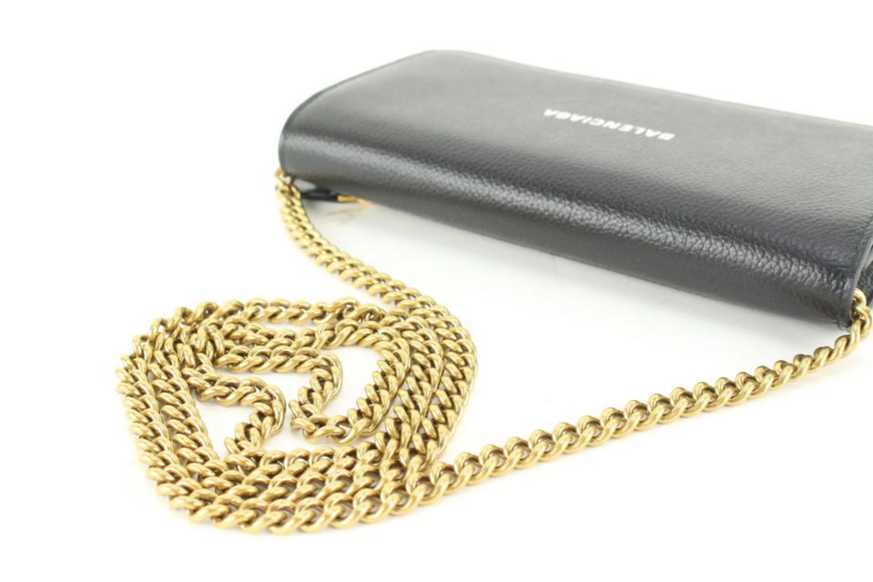 Balenciaga Black Leather Classic Logo Wallet on Chain Gold Chain 48ba624s