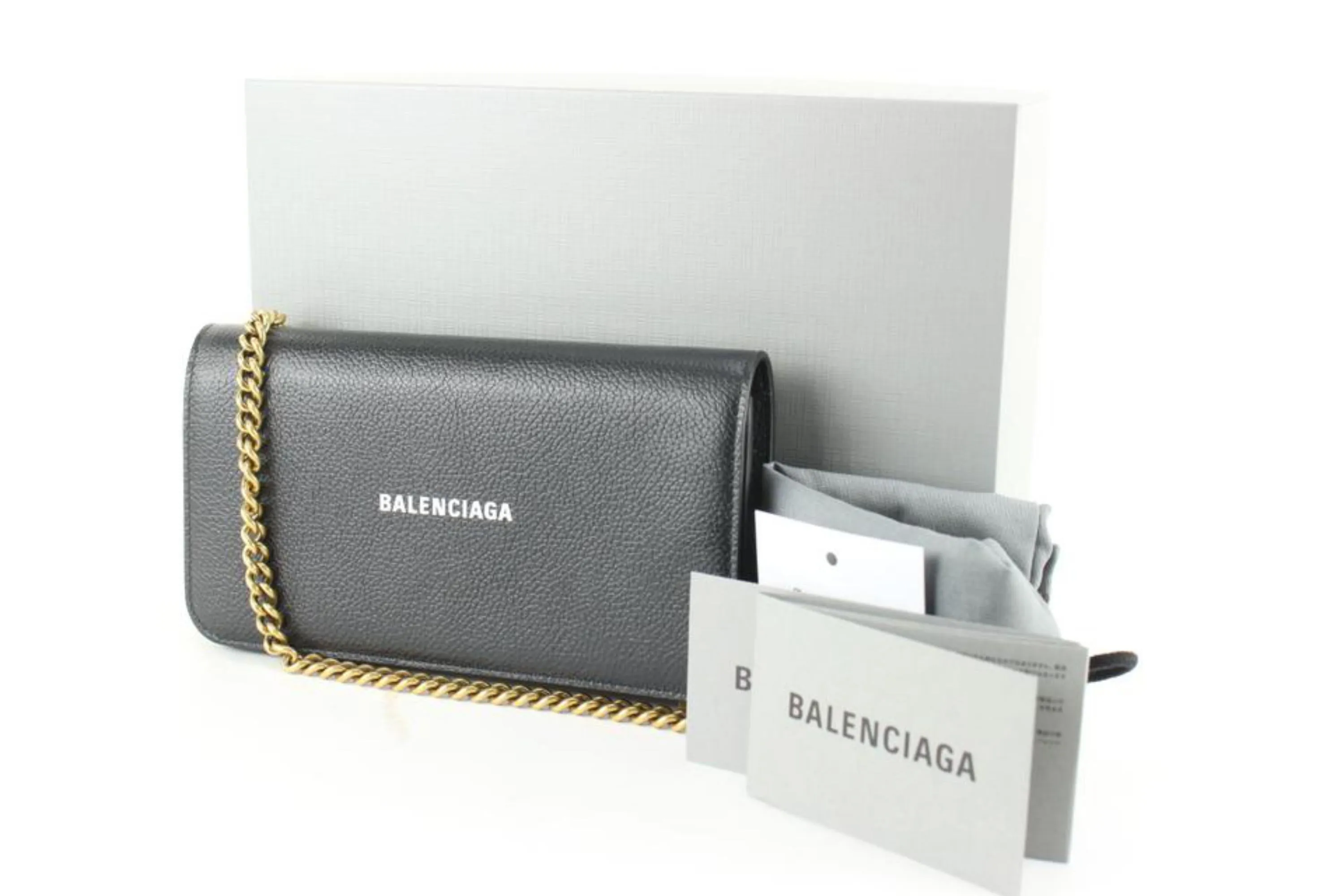 Balenciaga Black Leather Classic Logo Wallet on Chain Gold Chain 48ba624s