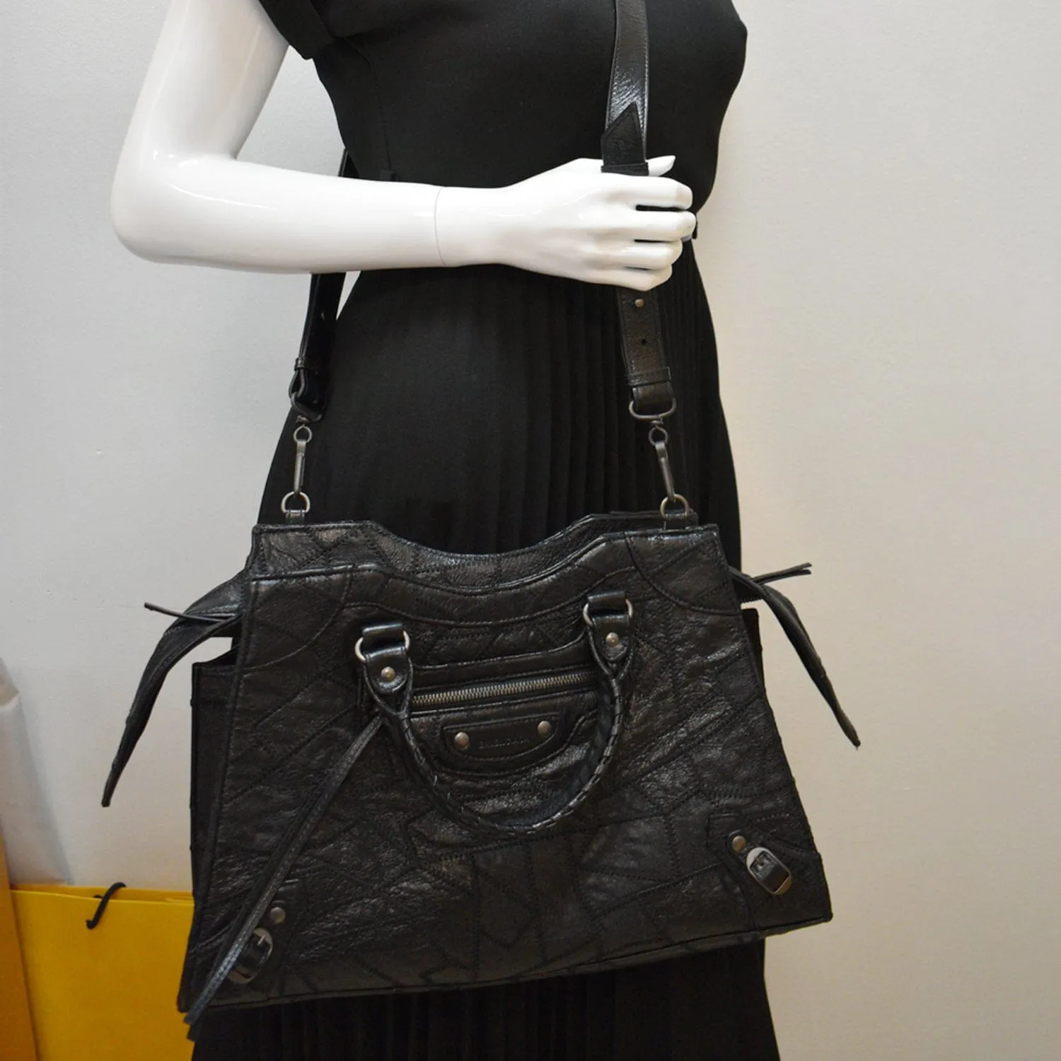 BALENCIAGA Neo Classic Patchwork Leather Top Handle Shoulder Bag Balck