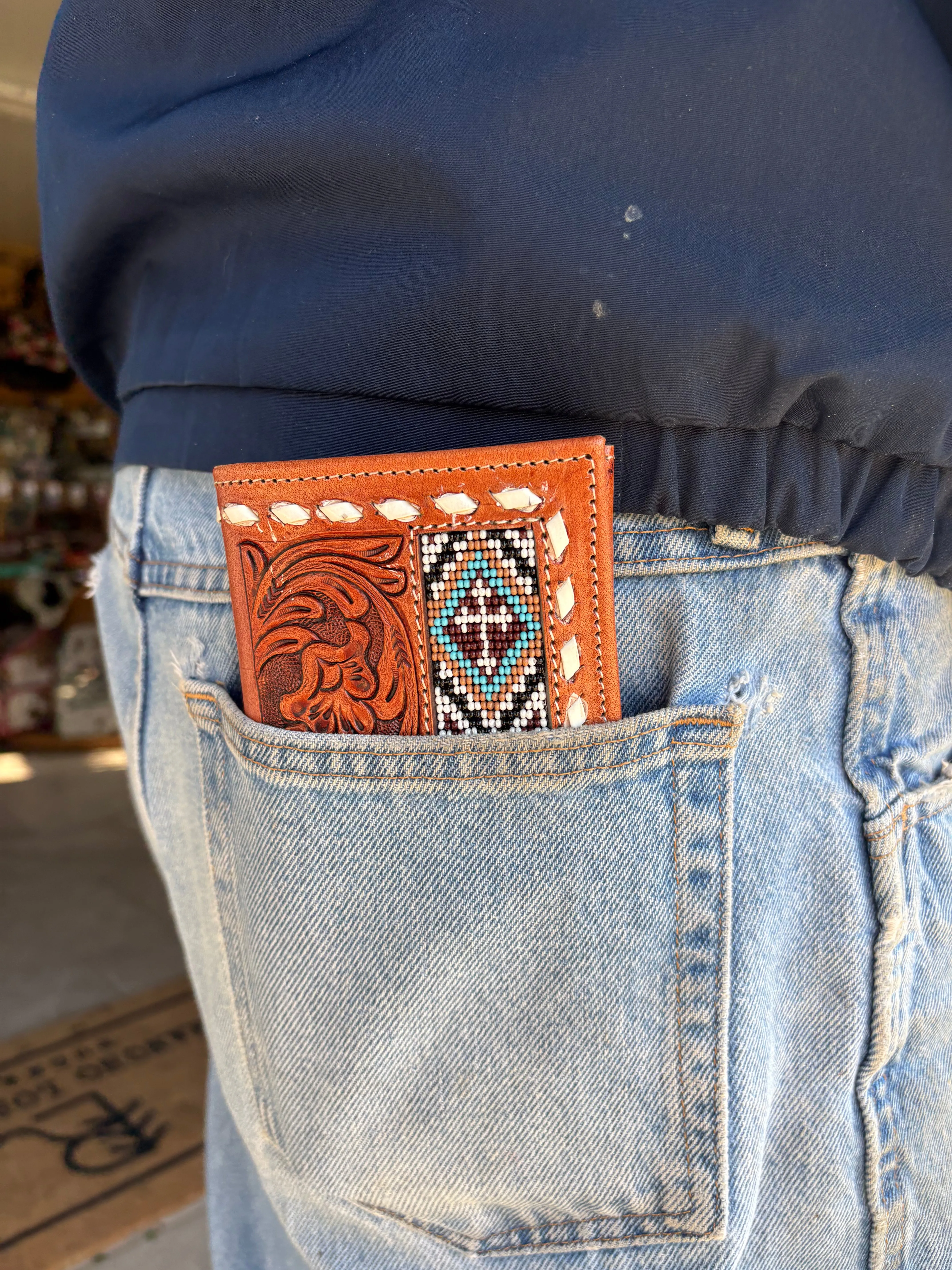 Beaded   Tooled Leather Long Wallet
