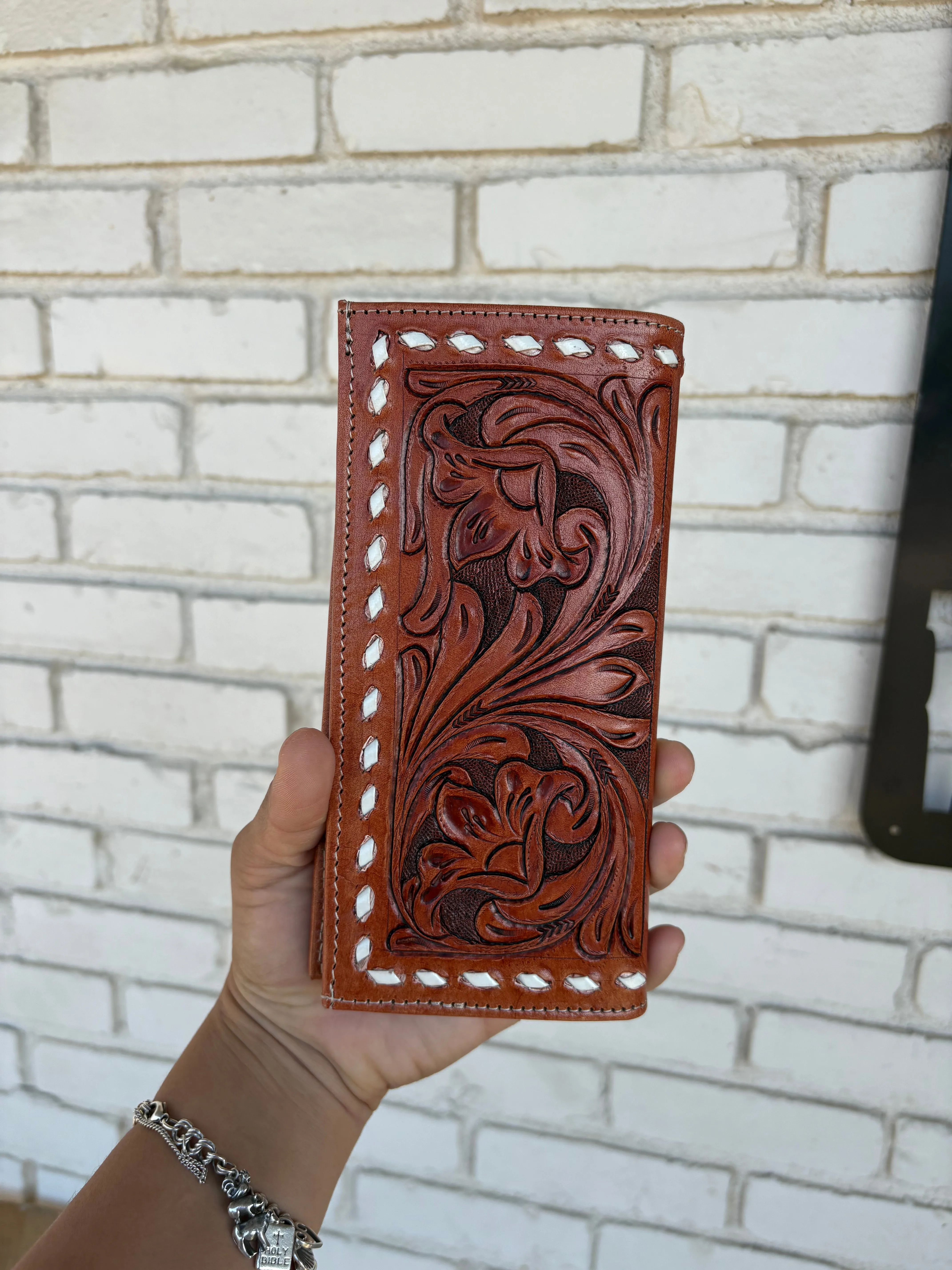 Beaded   Tooled Leather Long Wallet