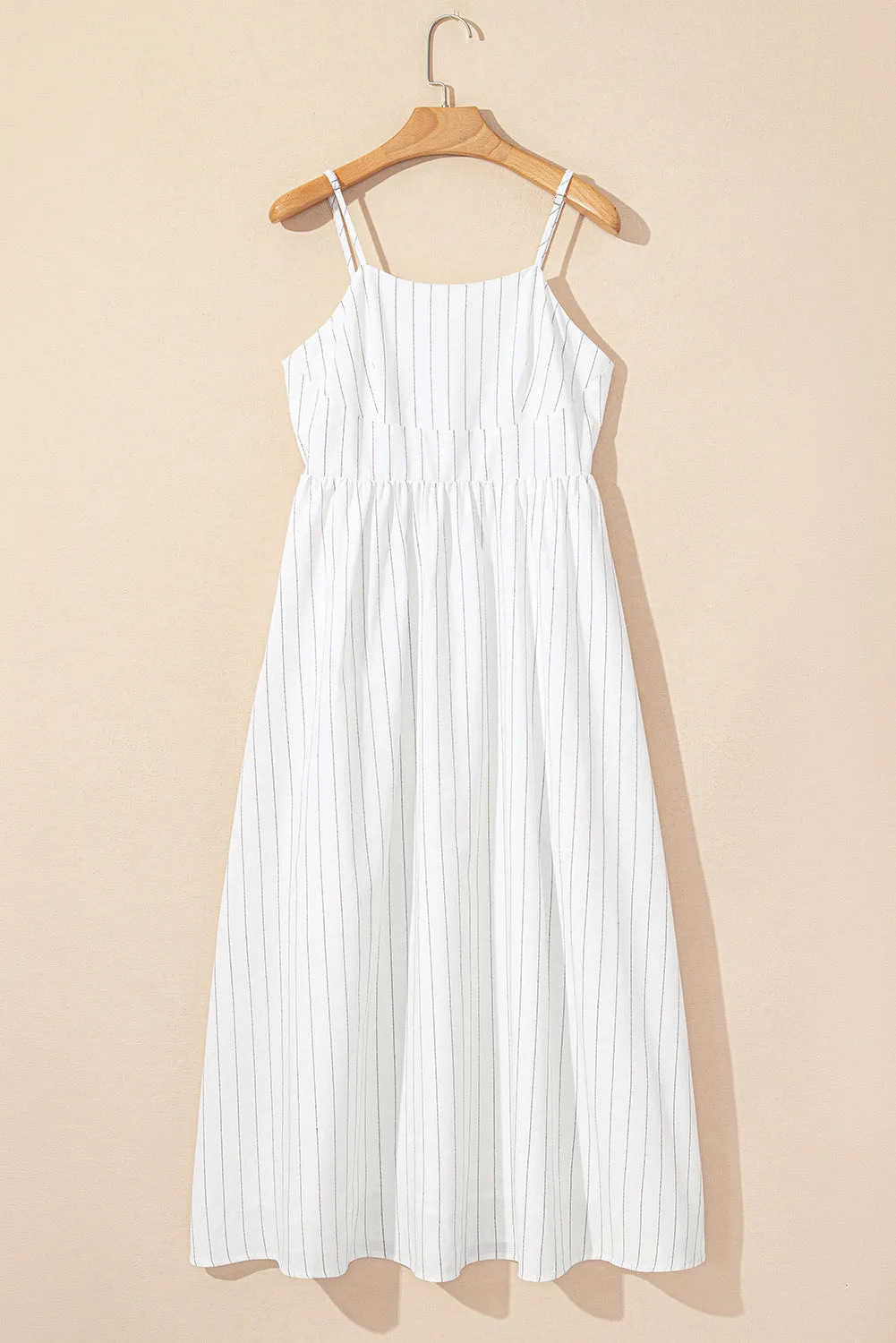 Beige Stripe Spaghetti Strap Pocketed High Waist Maxi Dress