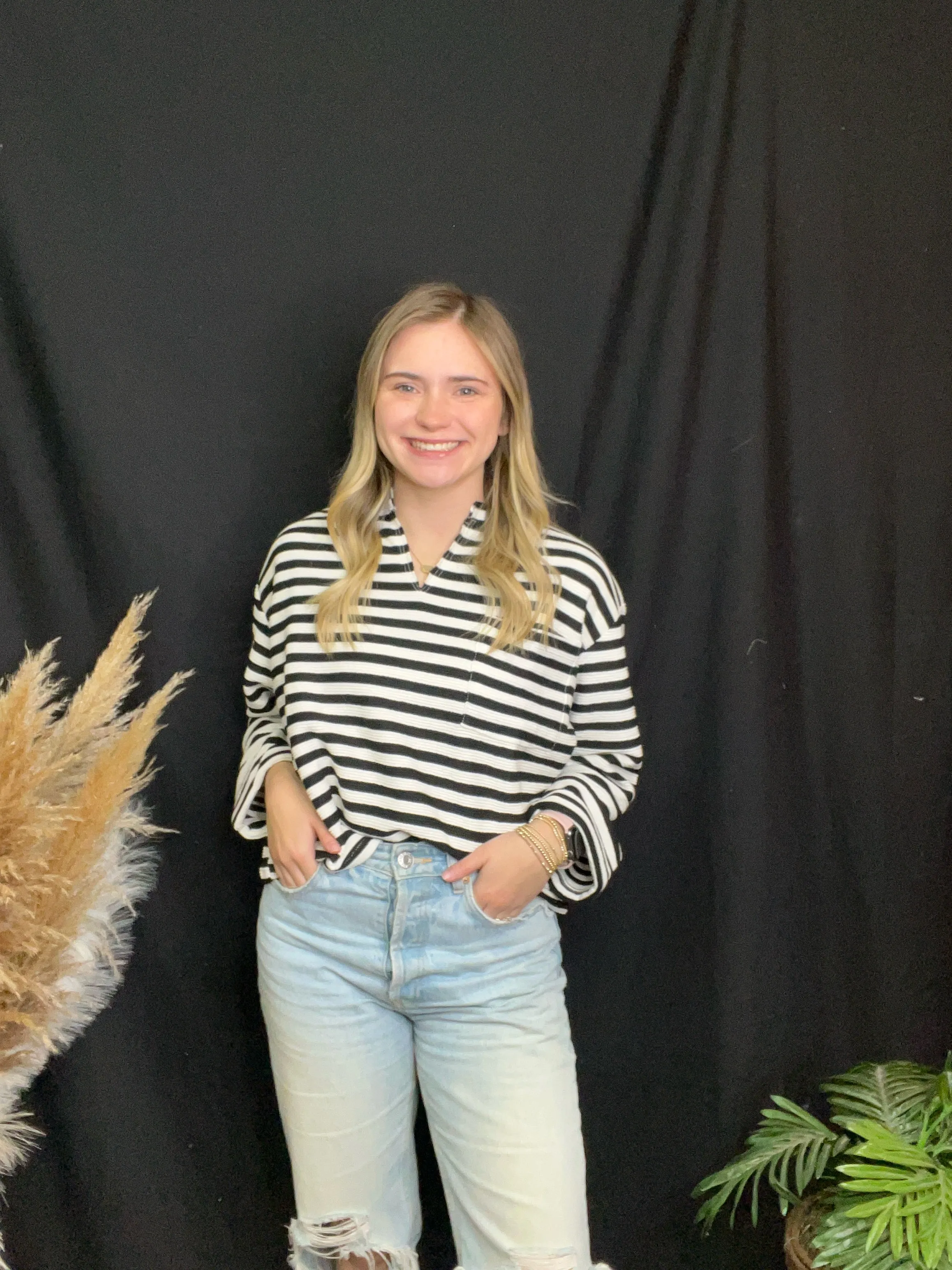 Black StripeBack Button Top