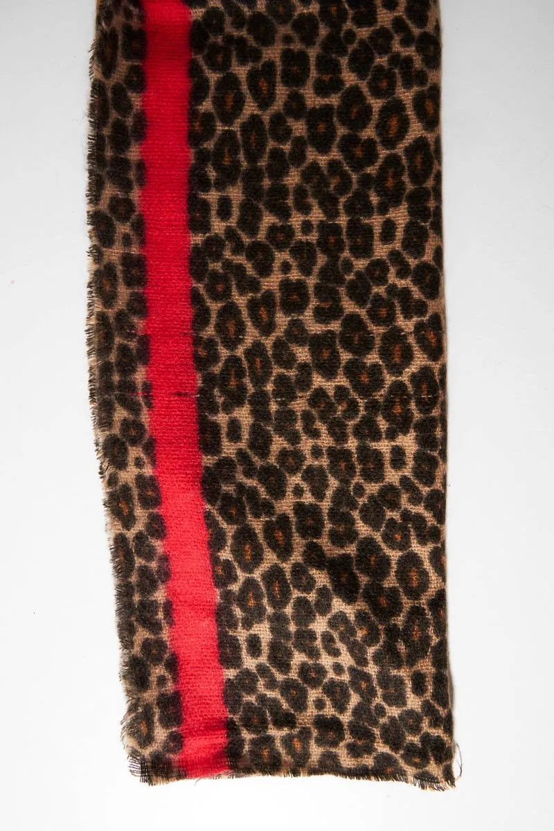 Brown Leopard Red Trim Large Scarf - Sharina