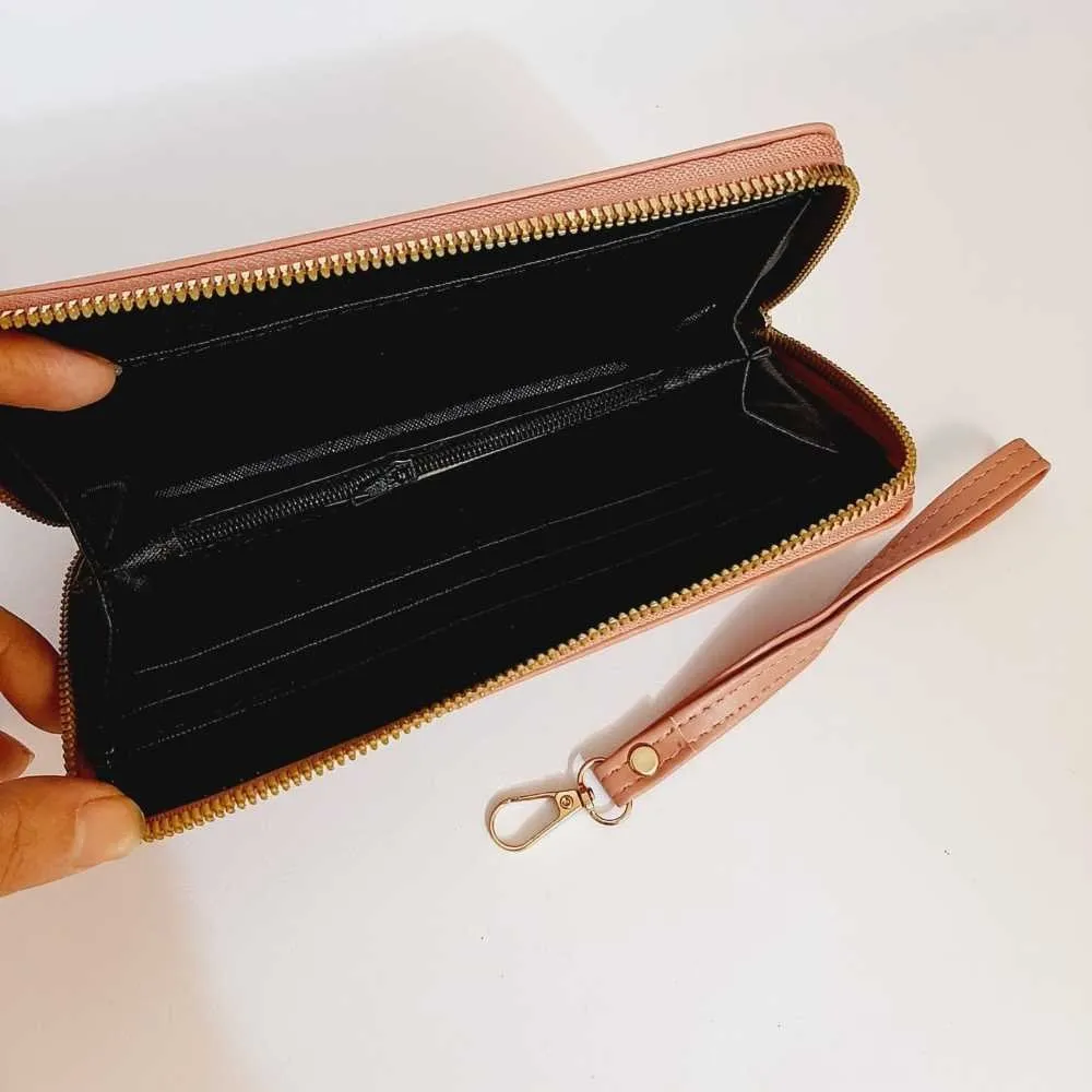 Butterfly Embroided Leather Wallet - Peach - W06