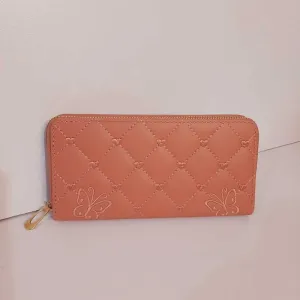 Butterfly Embroided Leather Wallet - Peach - W06