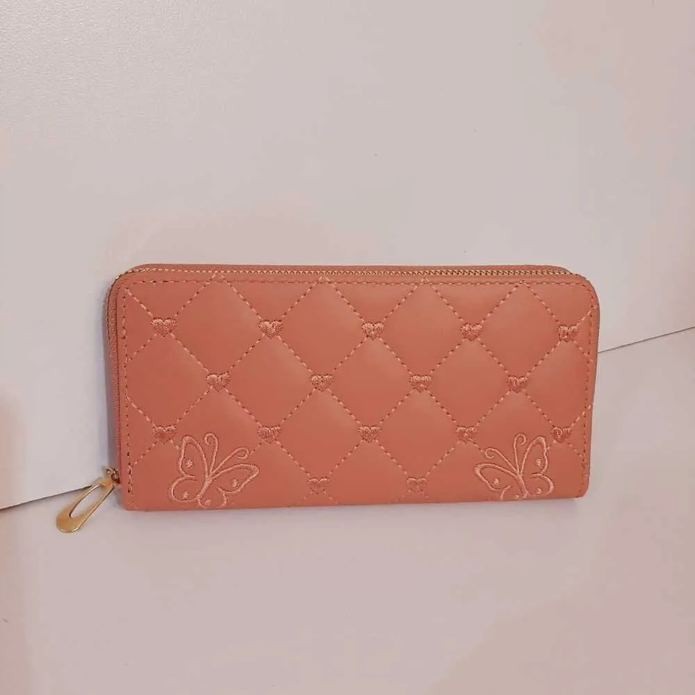 Butterfly Embroided Leather Wallet - Peach - W06