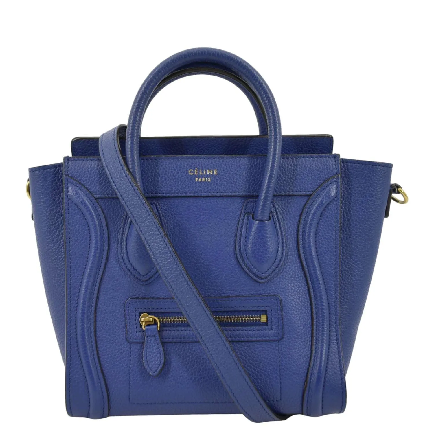 CELINE Nano Luggage Drummed Leather Tote Crossbody Bag Blue