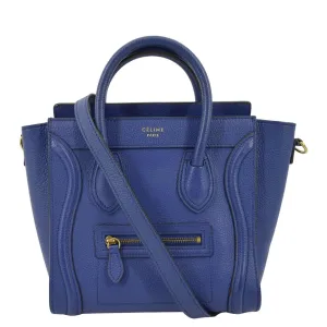 CELINE Nano Luggage Drummed Leather Tote Crossbody Bag Blue