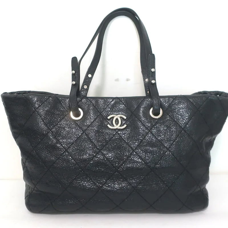 Chanel 2010 On The Road Tote Black Glazed Leather Large Shoulder Bag