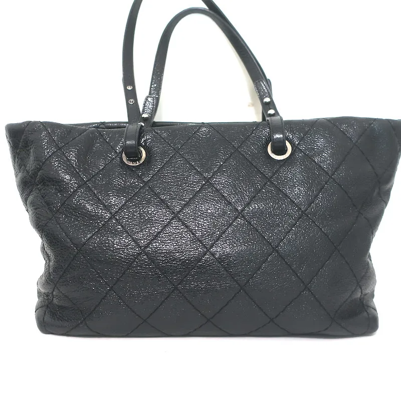 Chanel 2010 On The Road Tote Black Glazed Leather Large Shoulder Bag