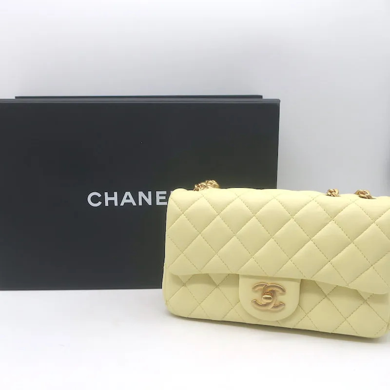 Chanel 23S Mini Camellia Crush Square Flap Bag Light Yellow Quilted Leather NEW