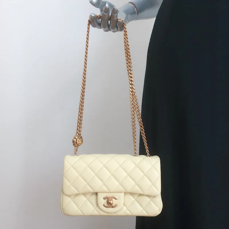 Chanel 23S Mini Camellia Crush Square Flap Bag Light Yellow Quilted Leather NEW