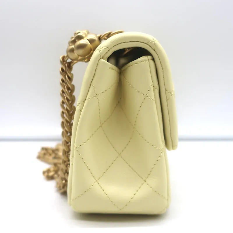 Chanel 23S Mini Camellia Crush Square Flap Bag Light Yellow Quilted Leather NEW