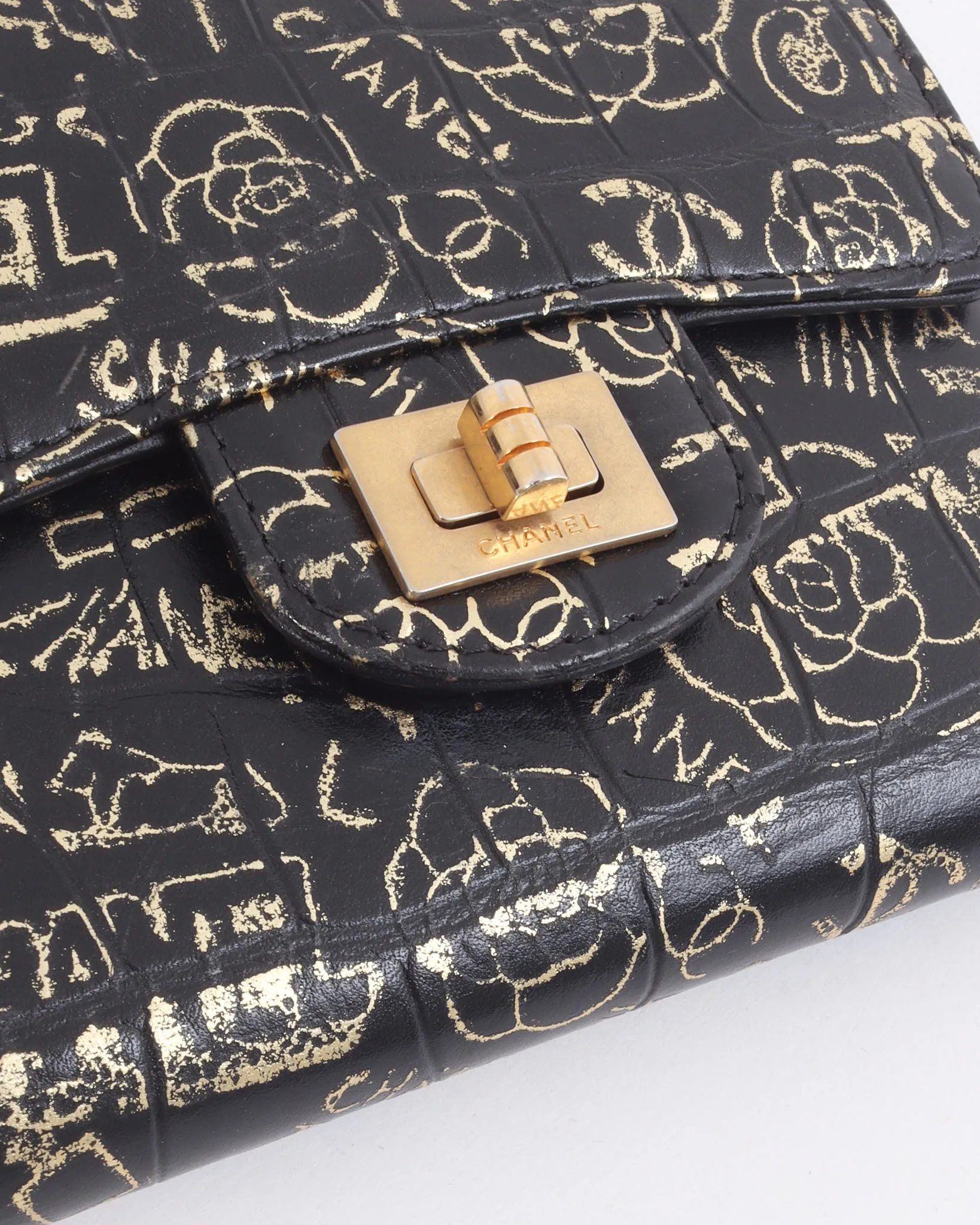 Chanel Black/Gold Croc Embossed Paris-New York Compact Wallet