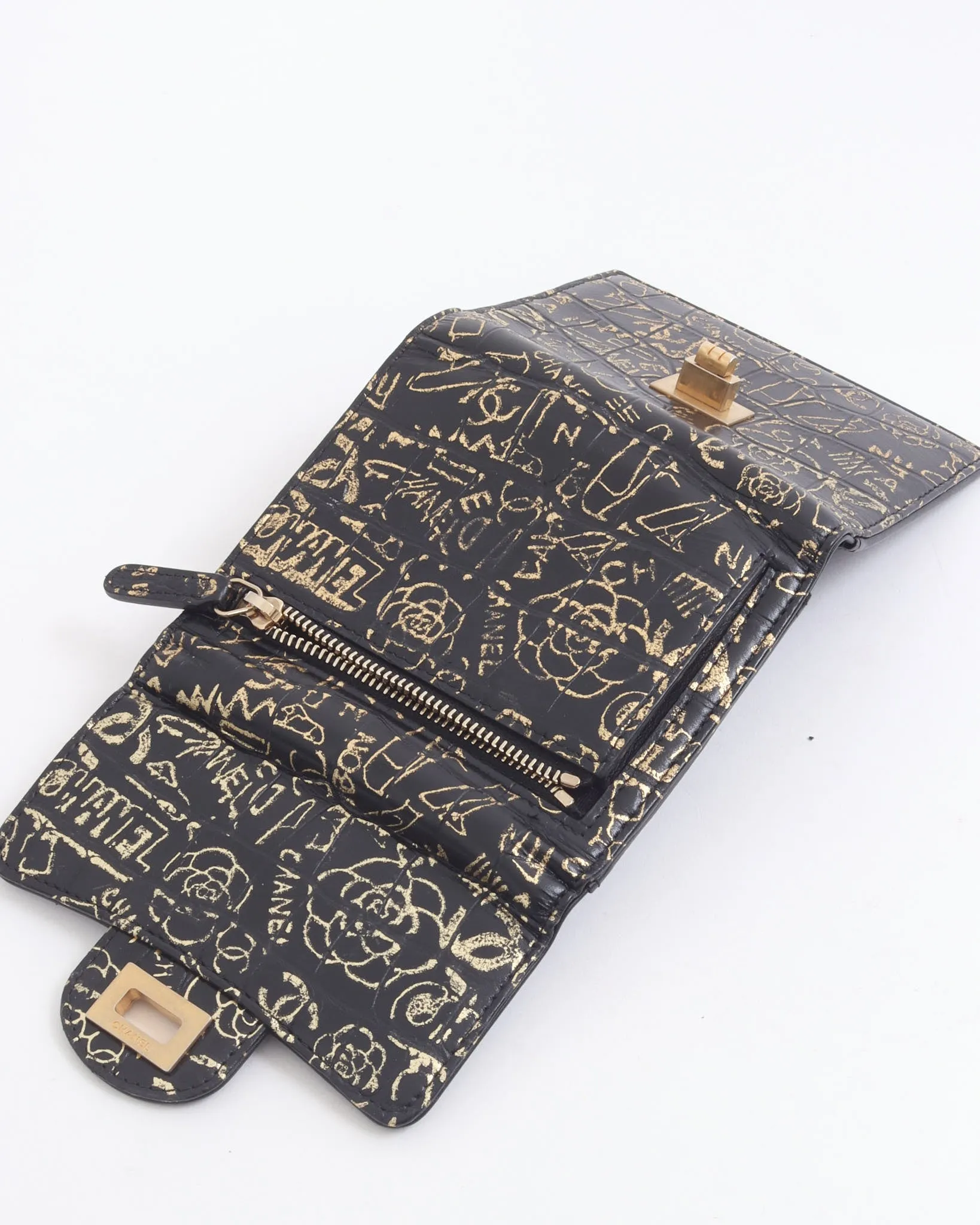 Chanel Black/Gold Croc Embossed Paris-New York Compact Wallet