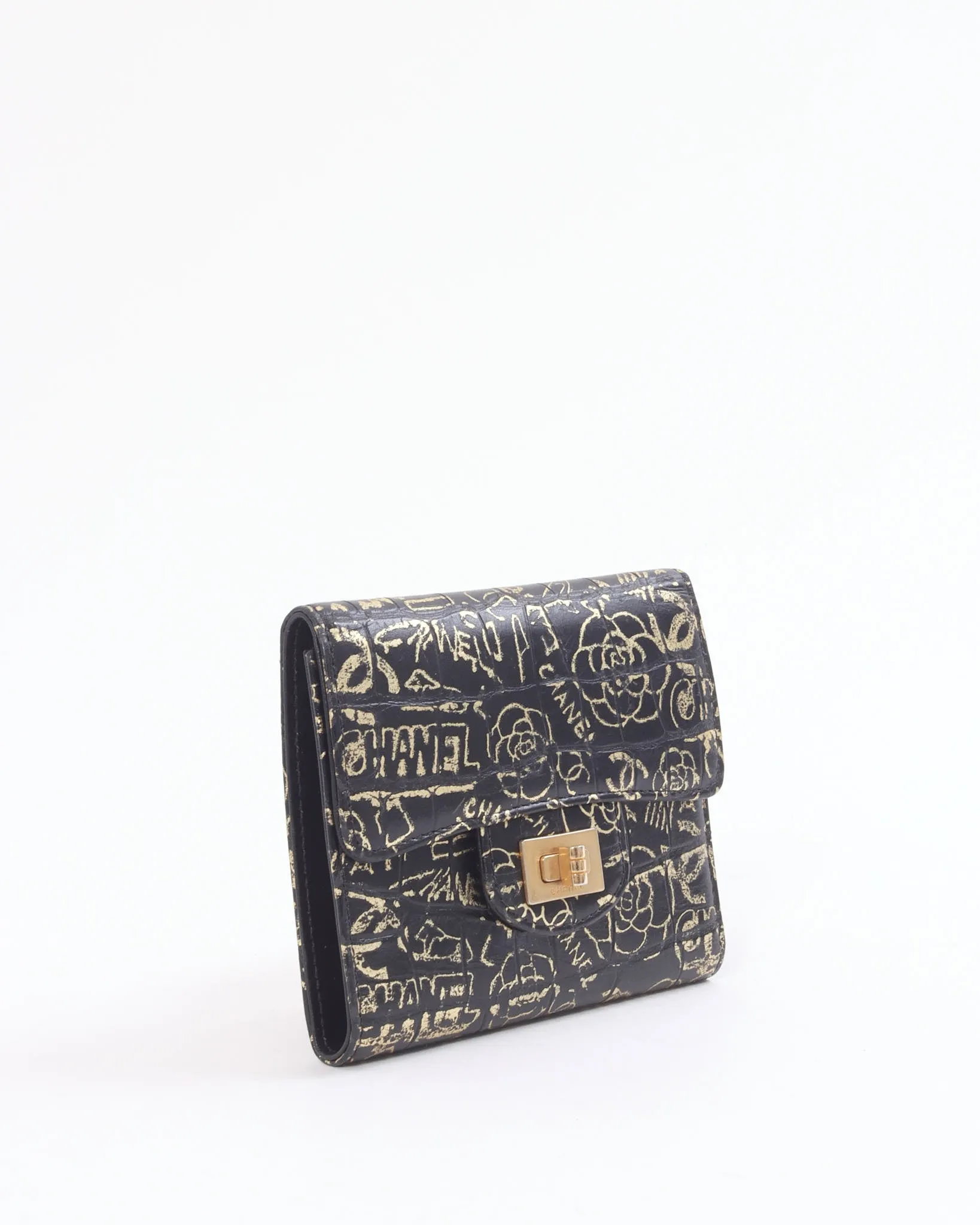 Chanel Black/Gold Croc Embossed Paris-New York Compact Wallet