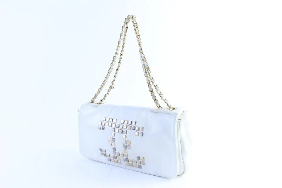 Chanel Jumbo White CC Logo Mosaic Chain Flap 228805a