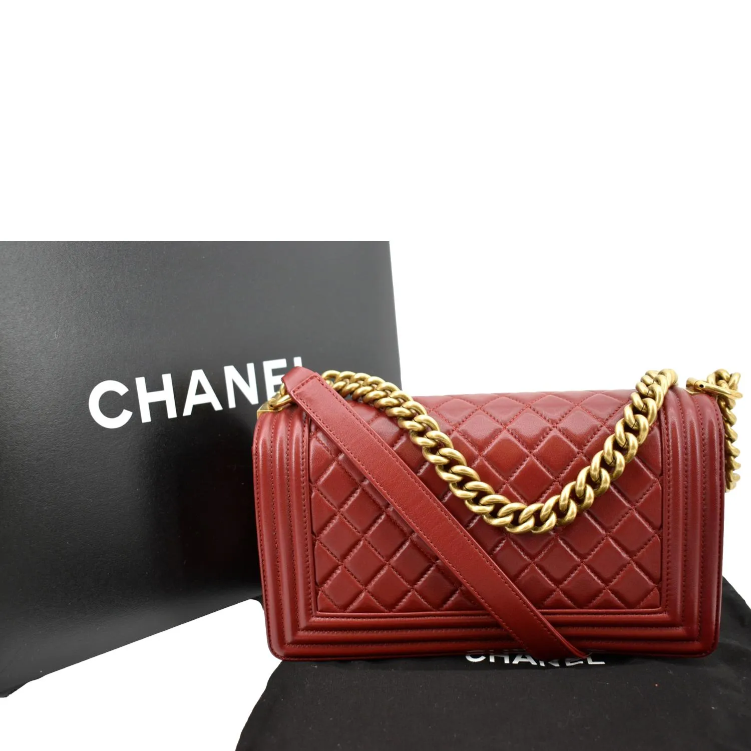 CHANEL Medium Boy Flap Calf Leather Shoulder Bag Red