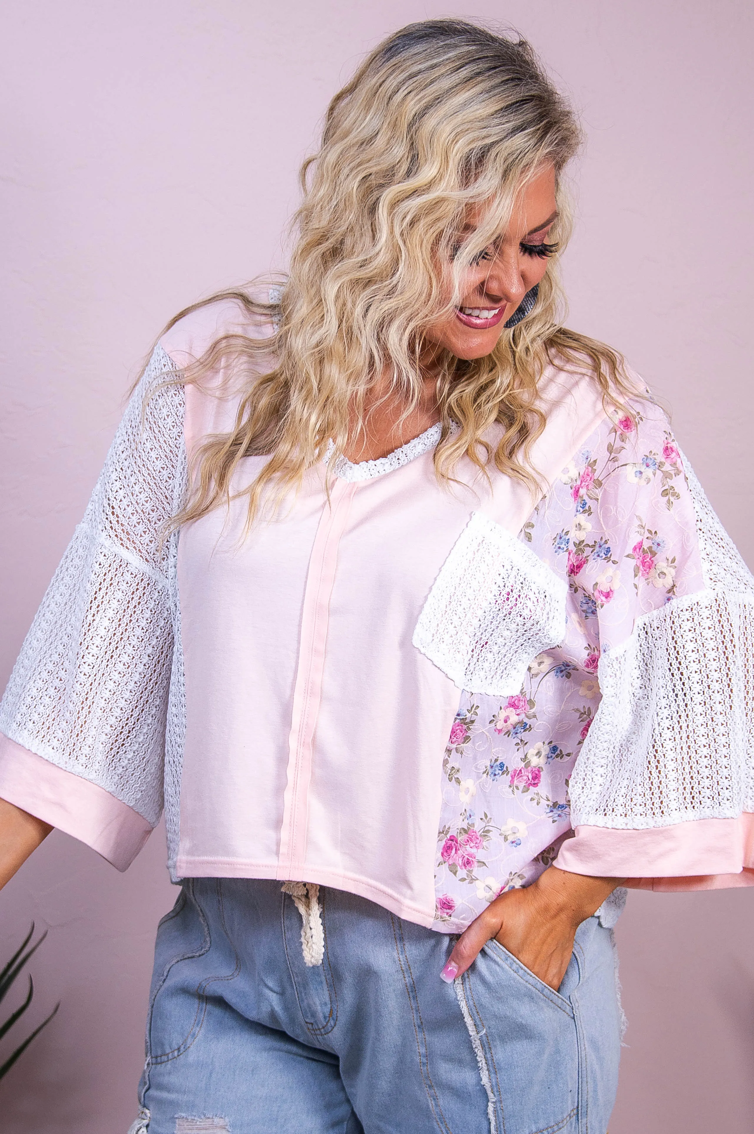 Cherished Beauty Light Pink Floral Crochet Mesh Top - T10243LPK